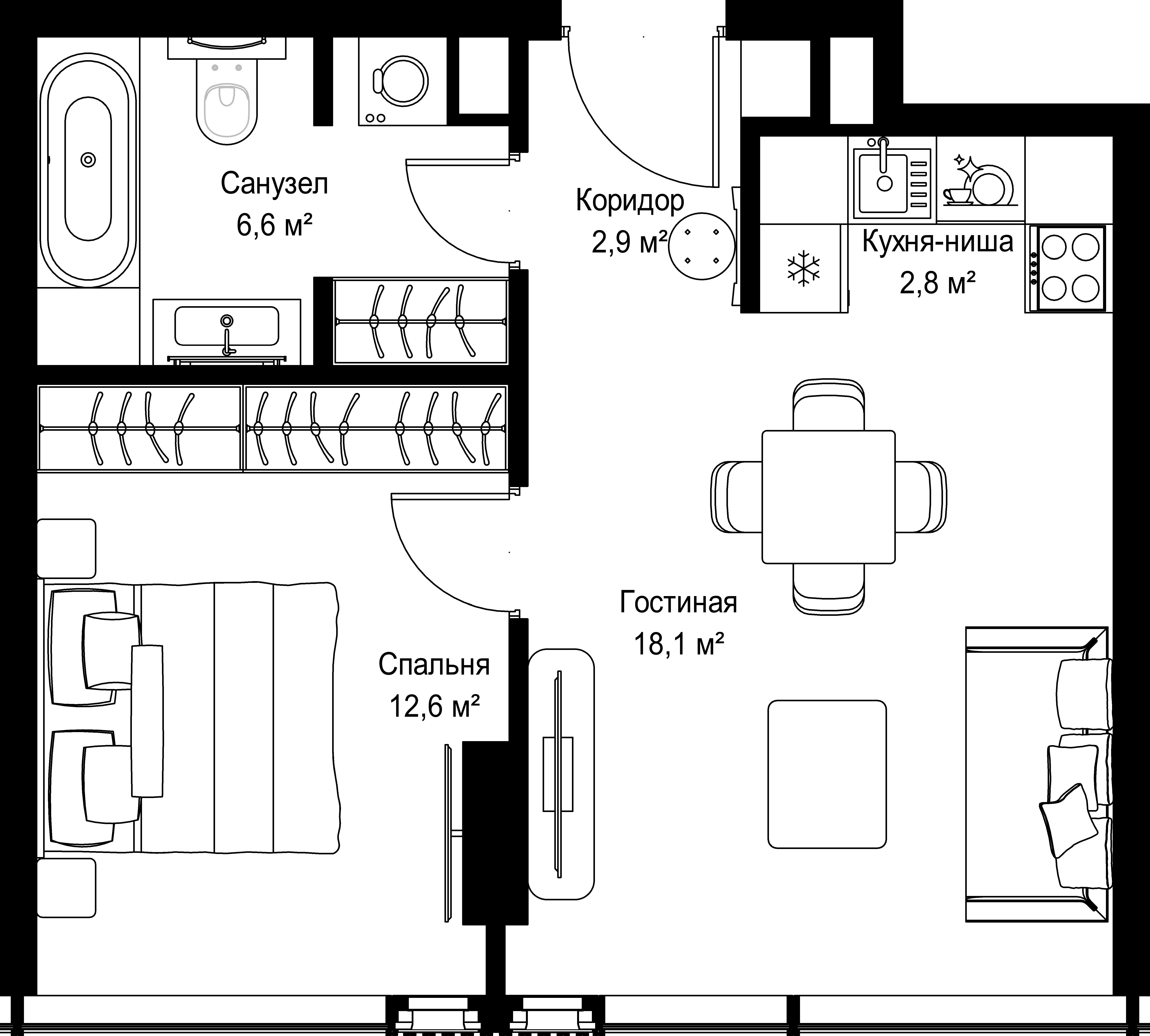 1-комнатная, 43 м² — 45 004 230 ₽