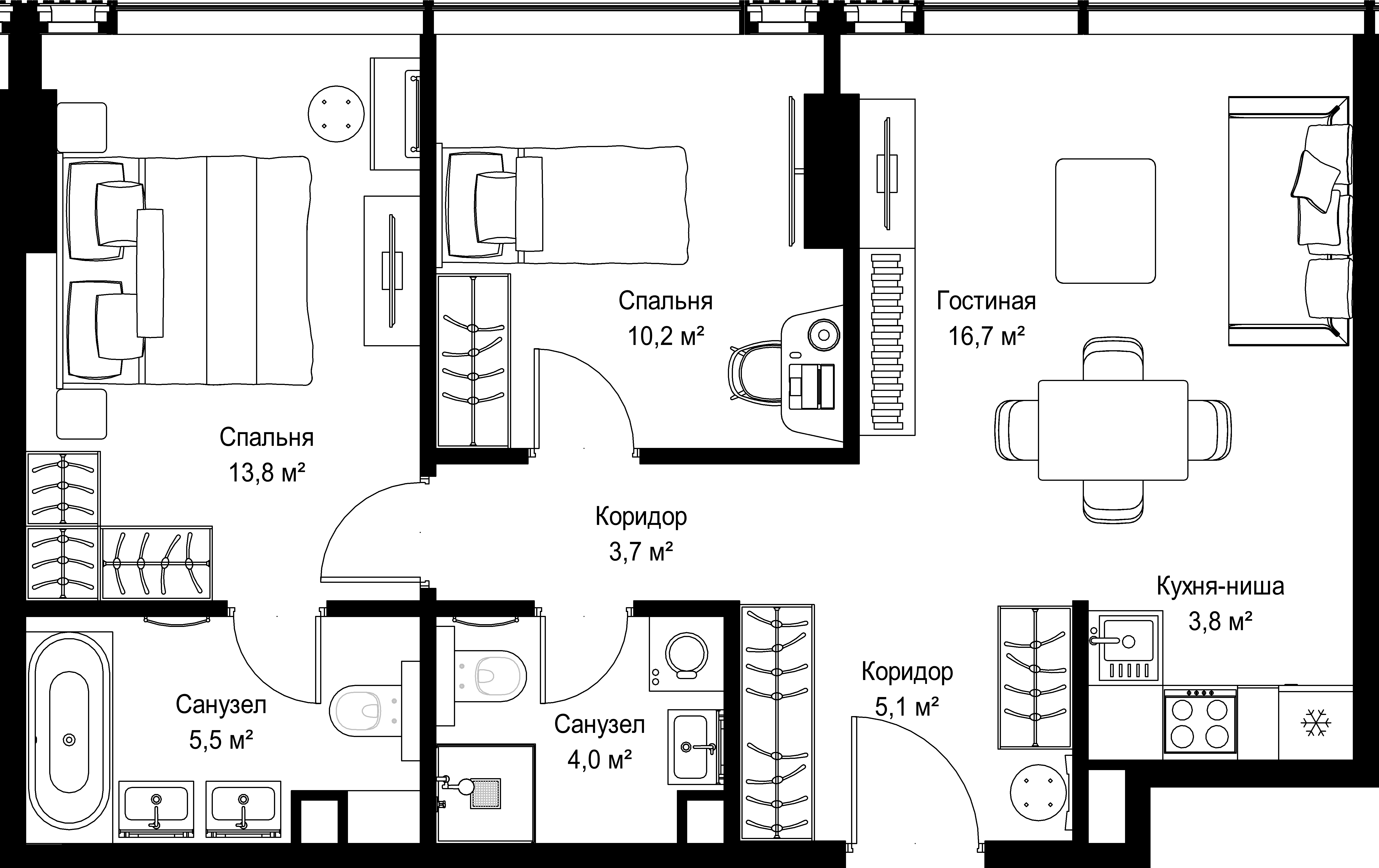 2-комнатная, 62,8 м² — 61 115 076 ₽