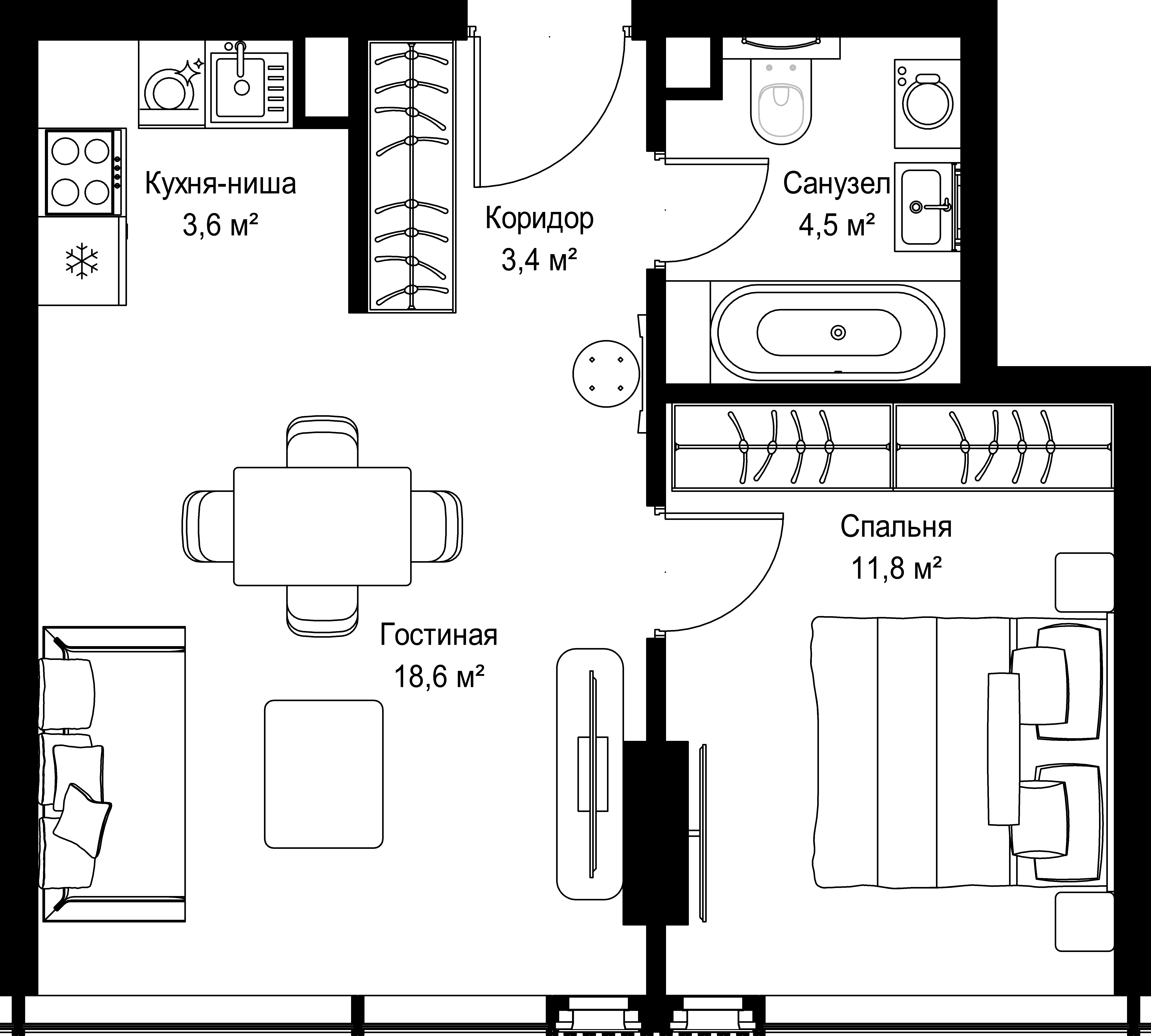 1-комнатная, 41,9 м² — 43 969 860 ₽