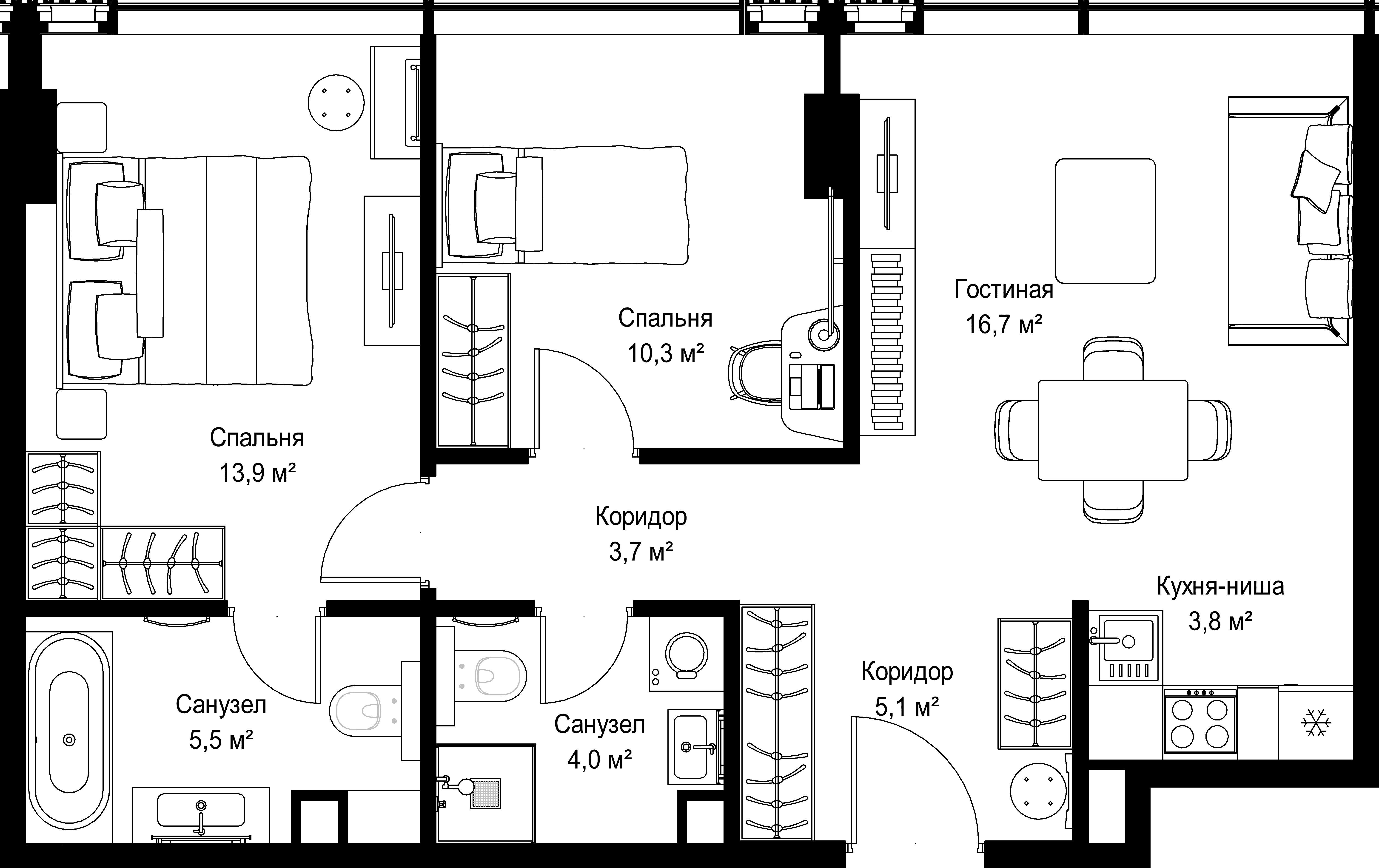 2-комнатная, 63 м² — 61 910 730 ₽
