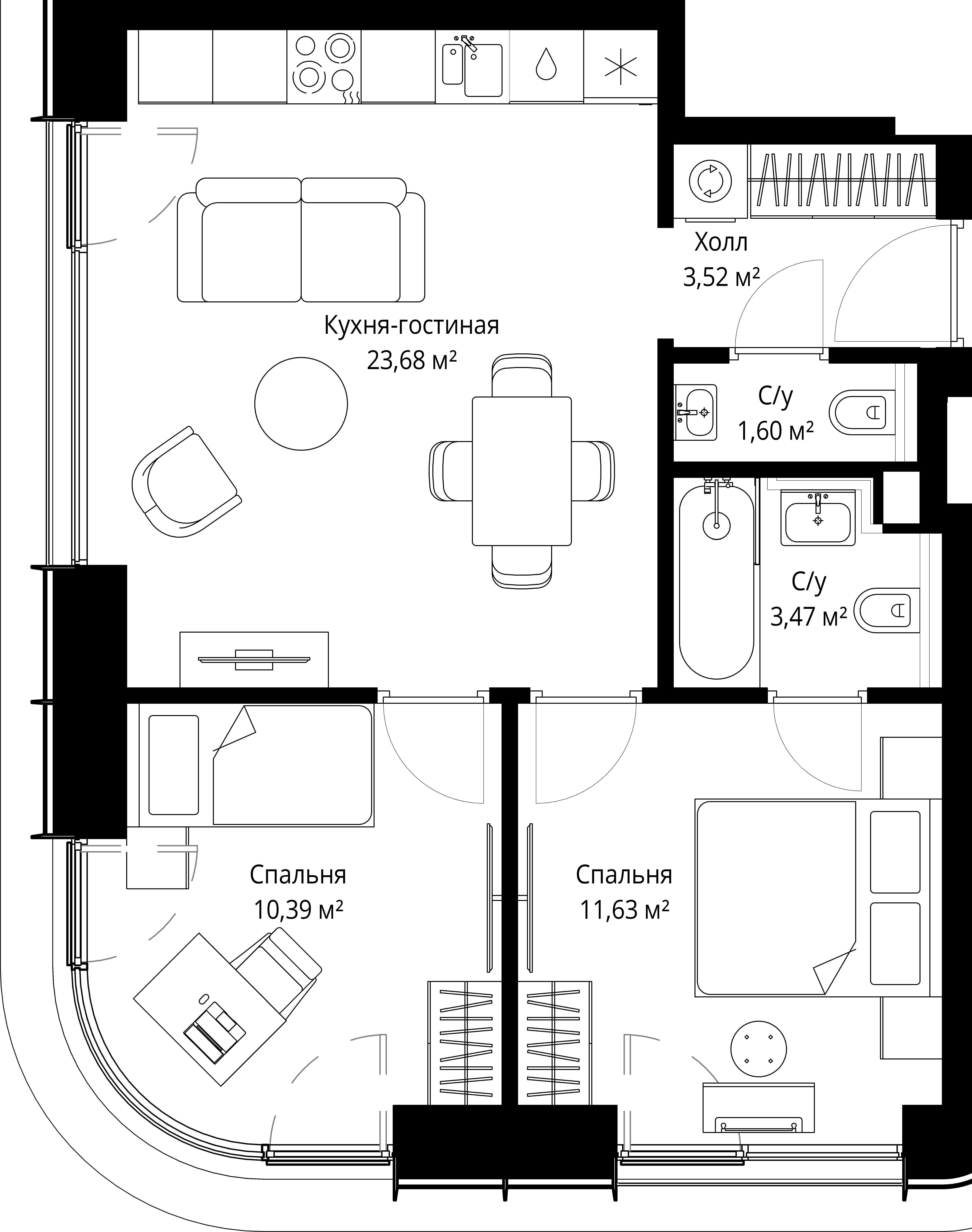 2-комнатная, 53,7 м² — 29 372 257 ₽