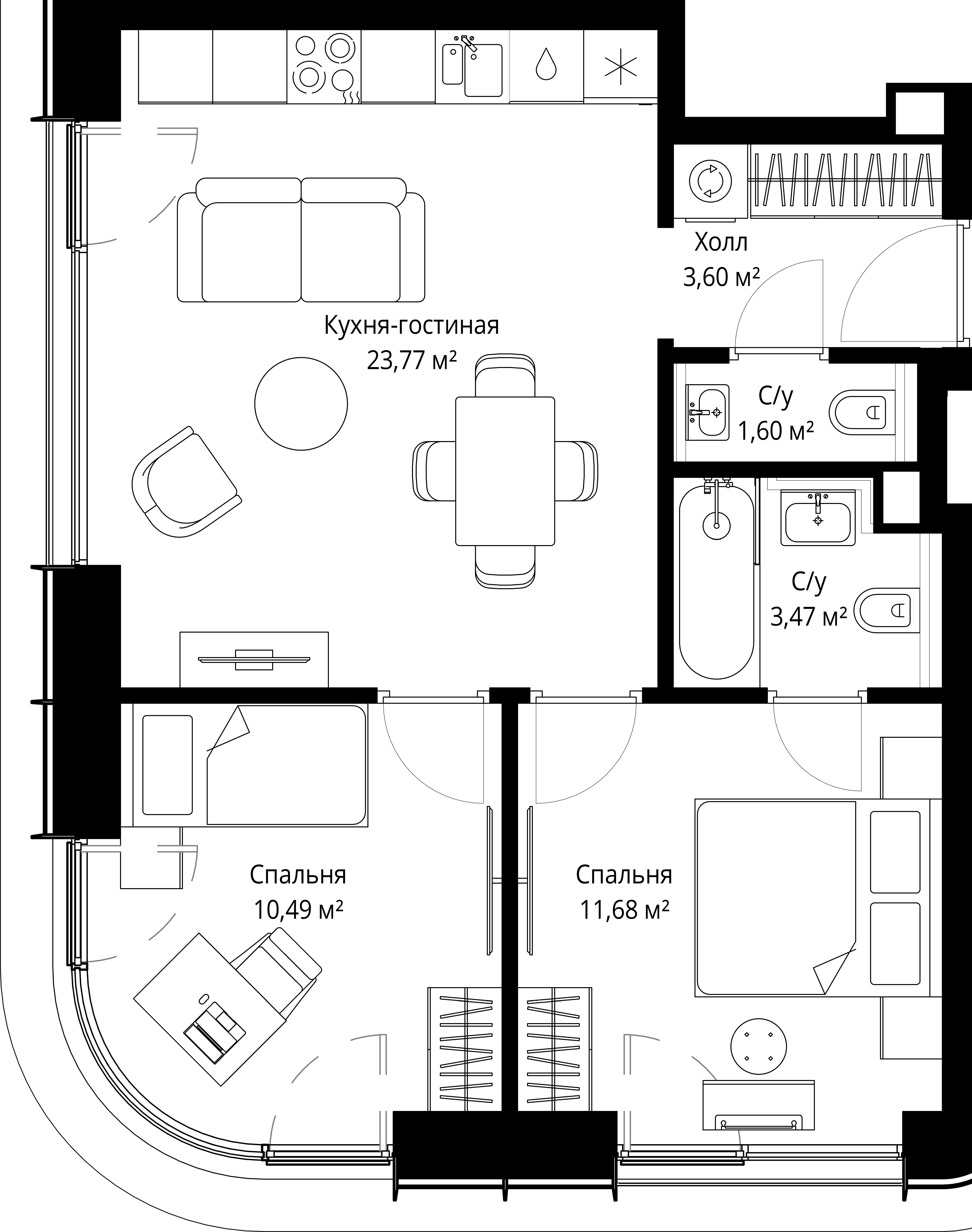 2-комнатная, 53,9 м² — 30 133 150 ₽