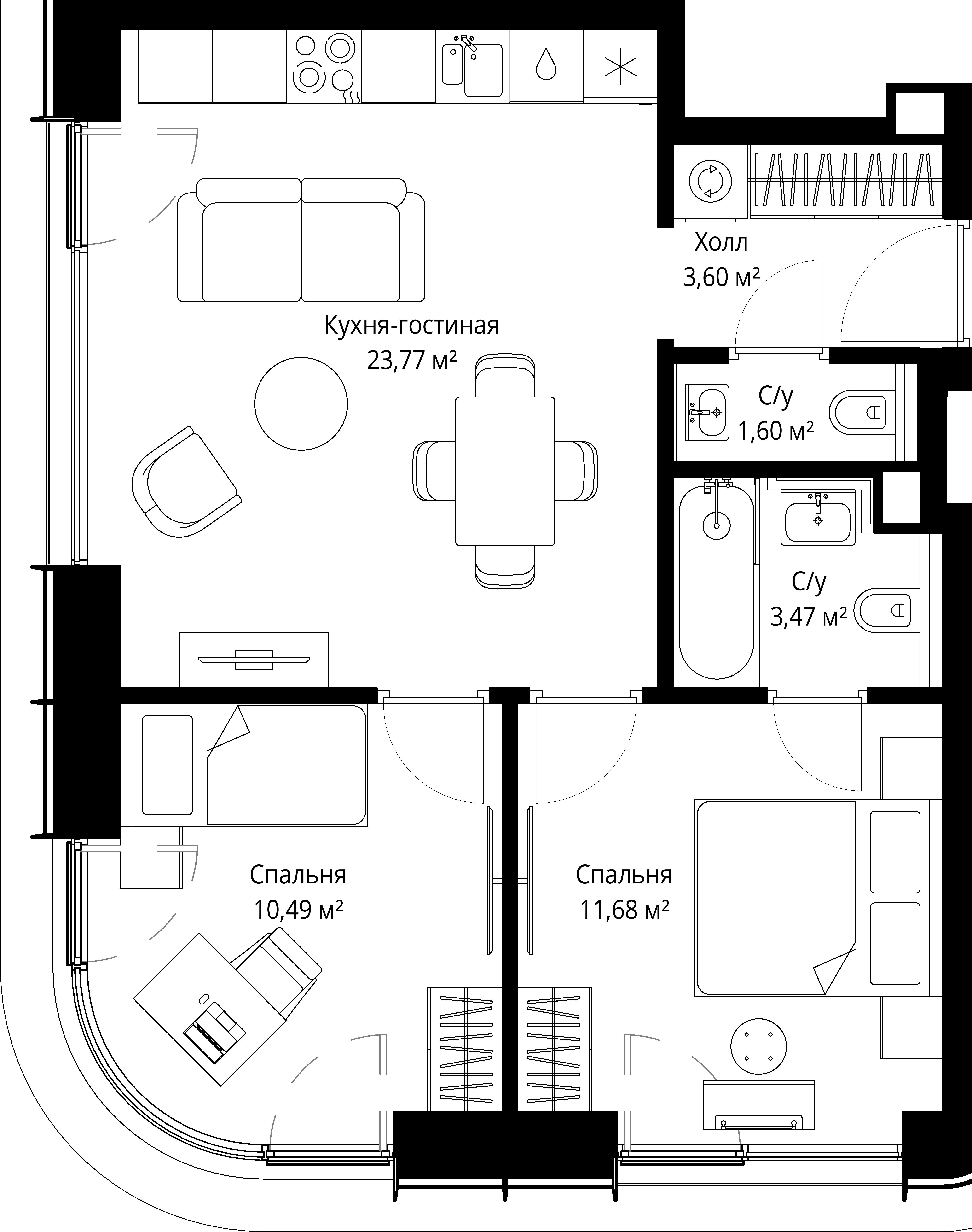 2-комнатная, 54,3 м² — 30 400 963 ₽