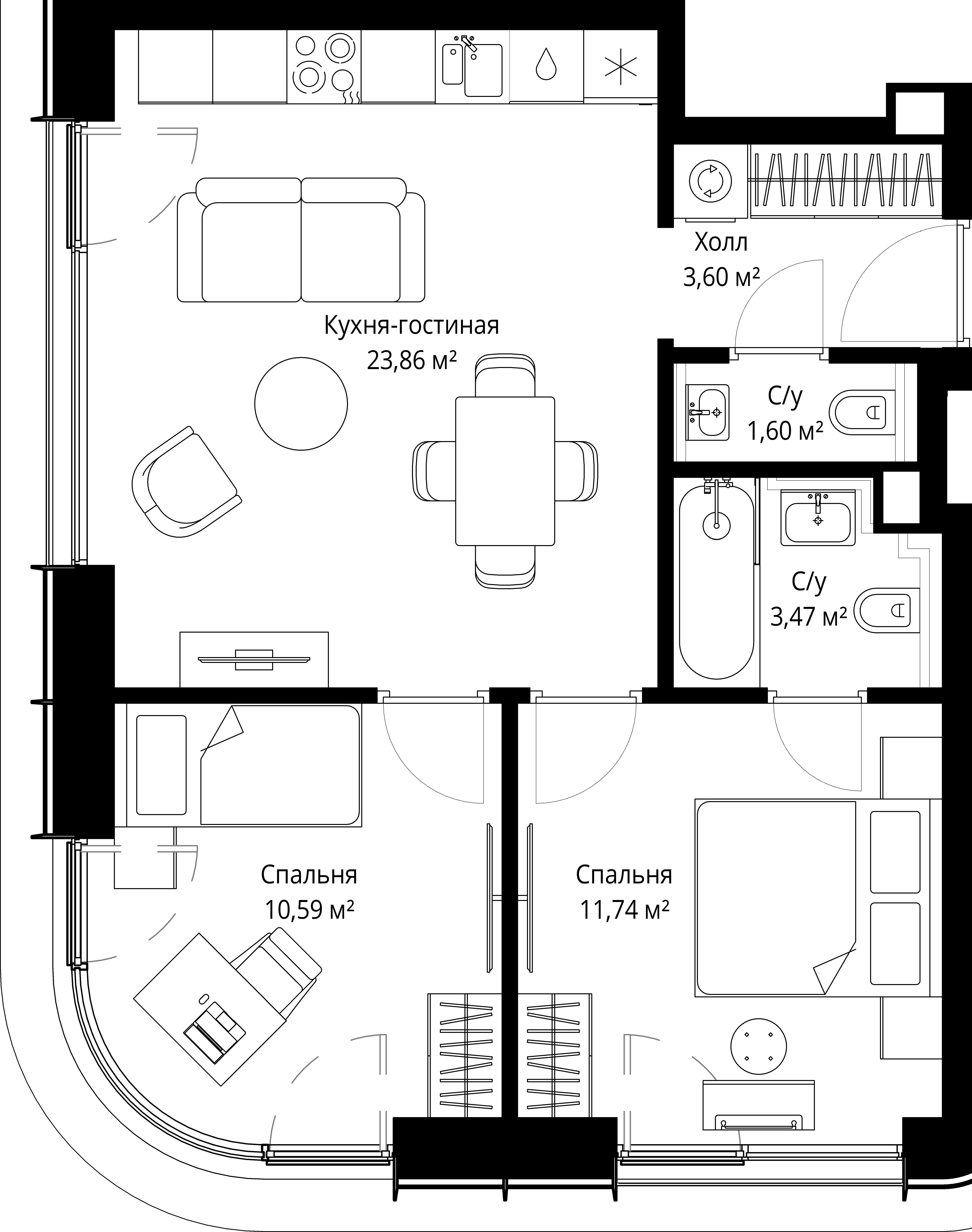 2-комнатная, 54,2 м² — 30 383 092 ₽