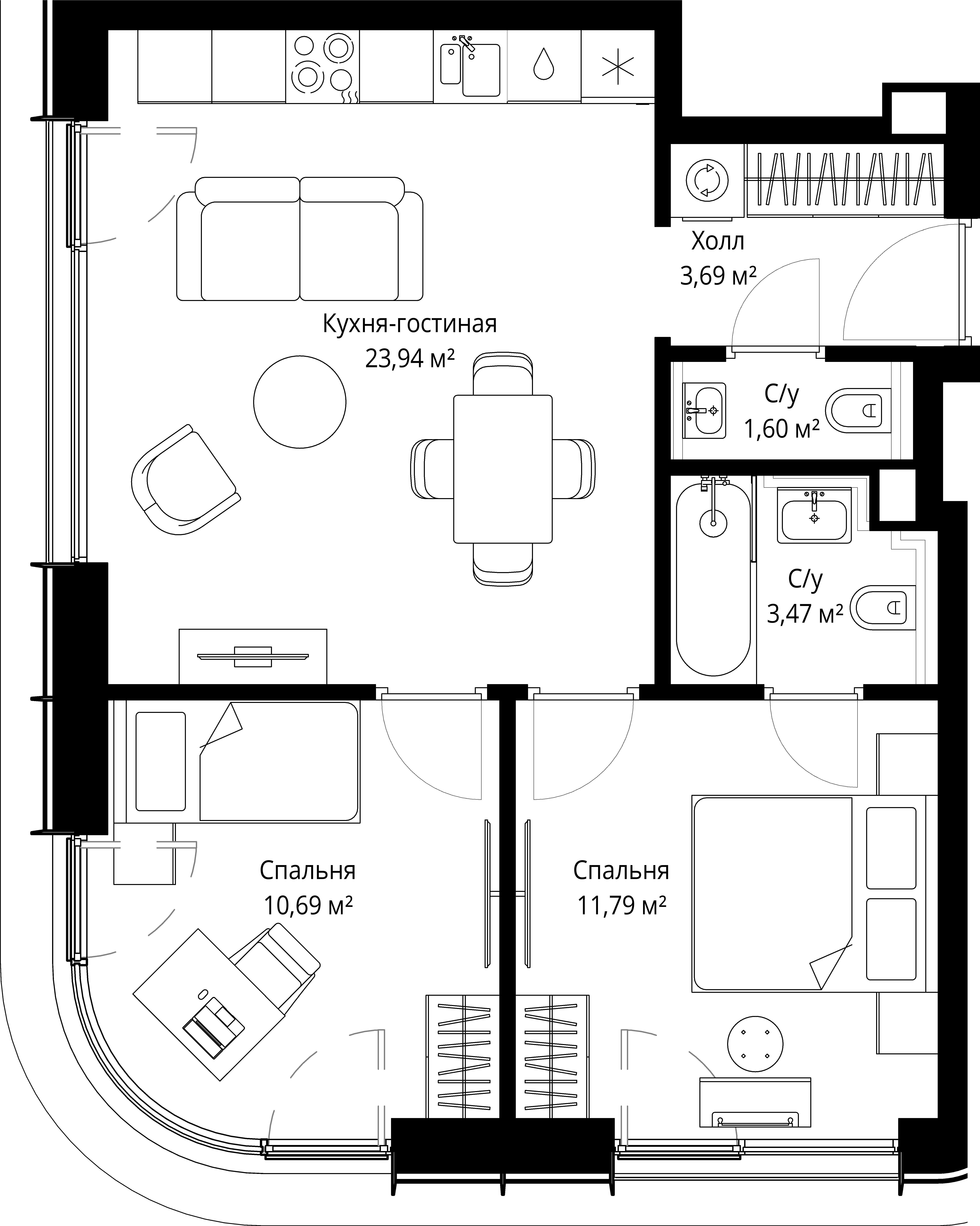2-комнатная, 54,5 м² — 30 934 589 ₽