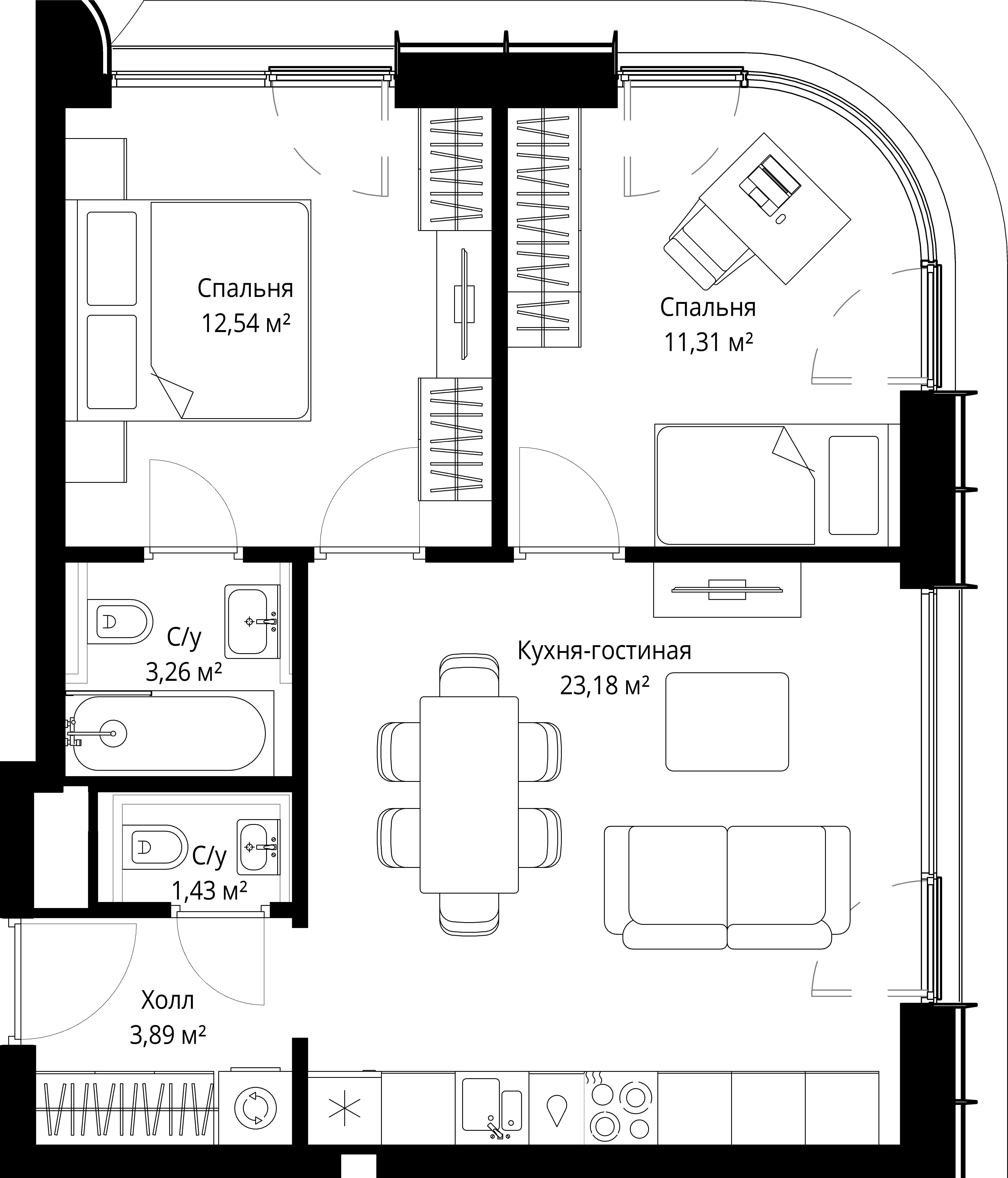 2-комнатная, 55,3 м² — 26 767 288 ₽