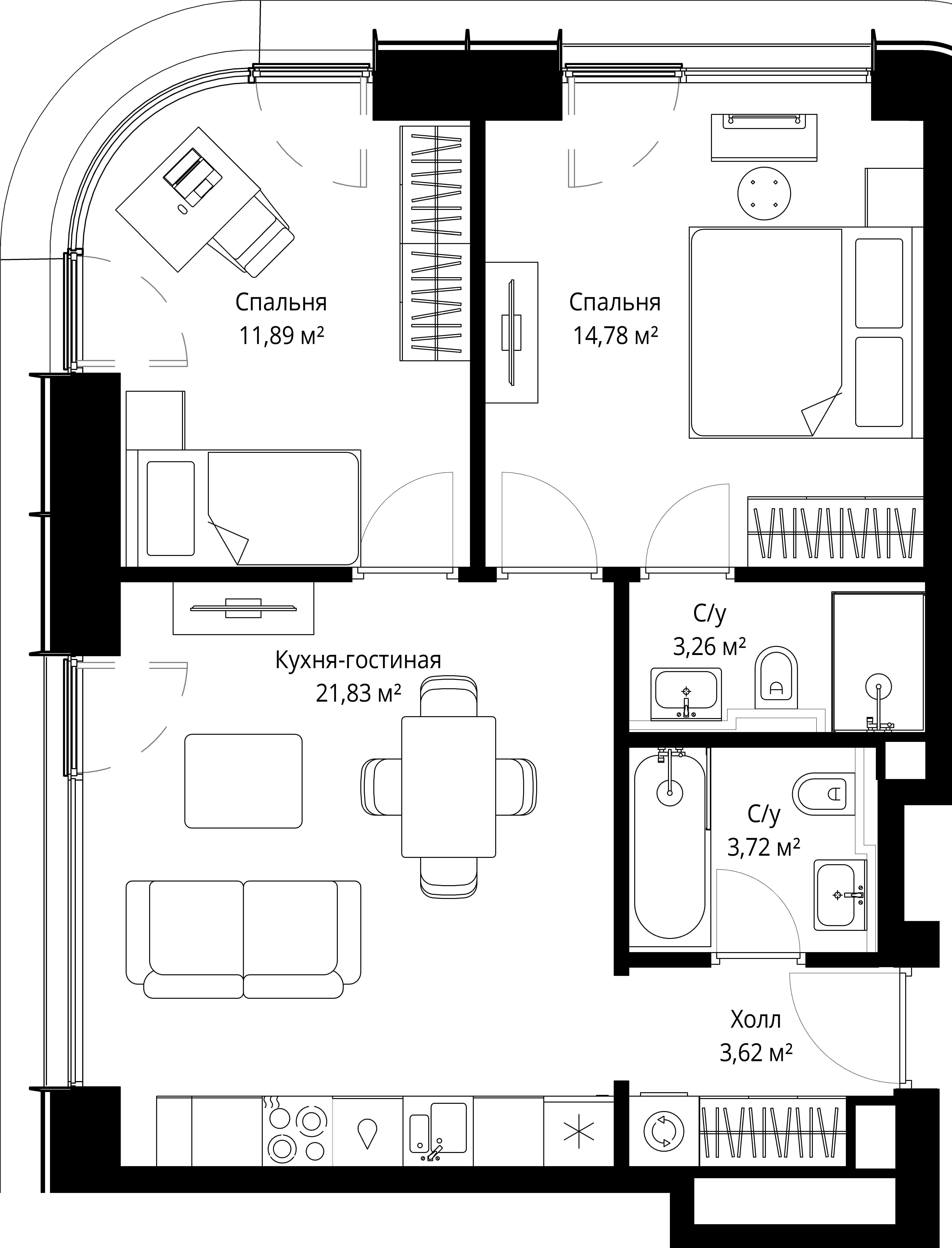 2-комнатная, 59,1 м² — 28 863 583 ₽