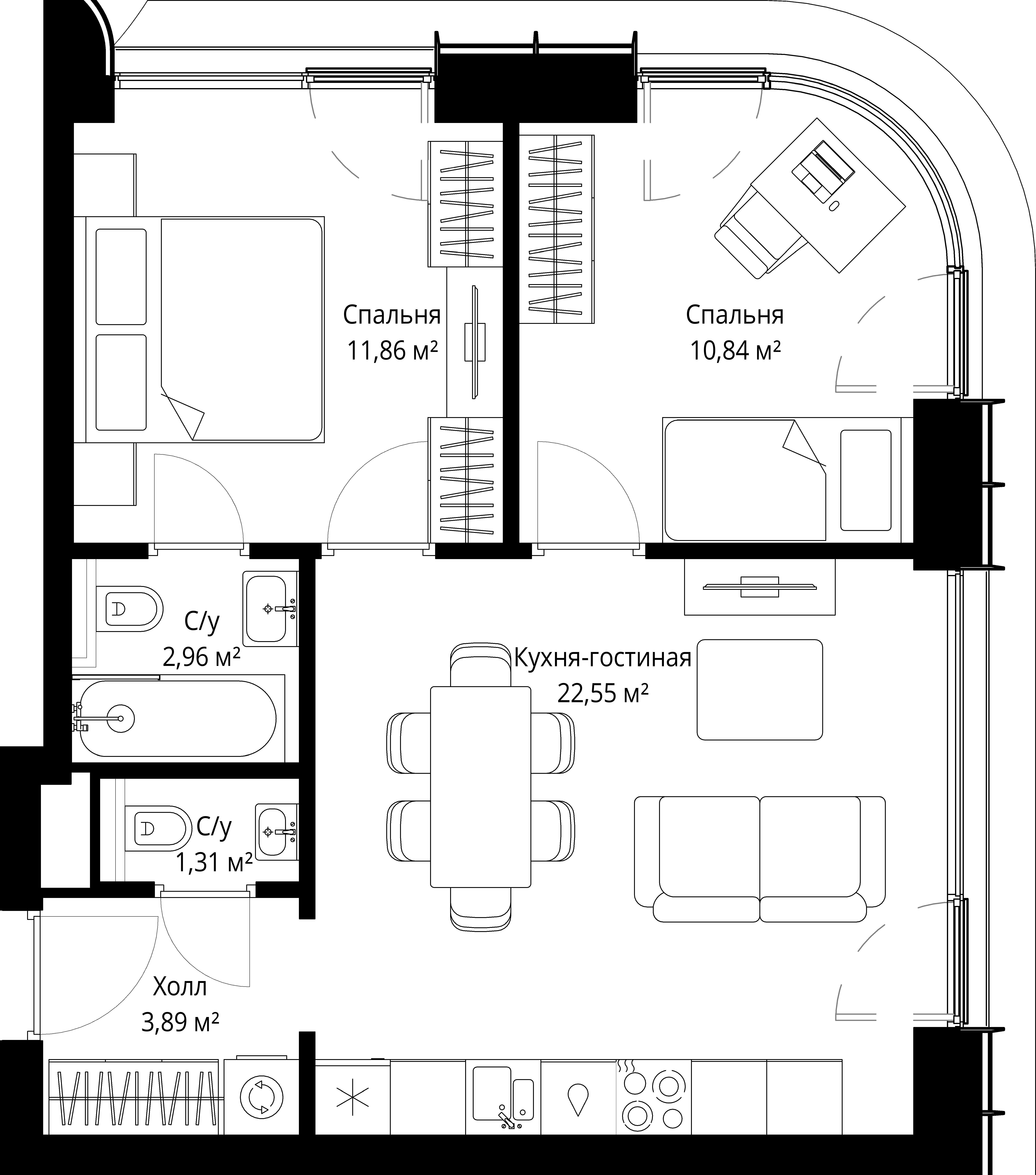 2-комнатная, 53,41 м² — 25 431 702 ₽