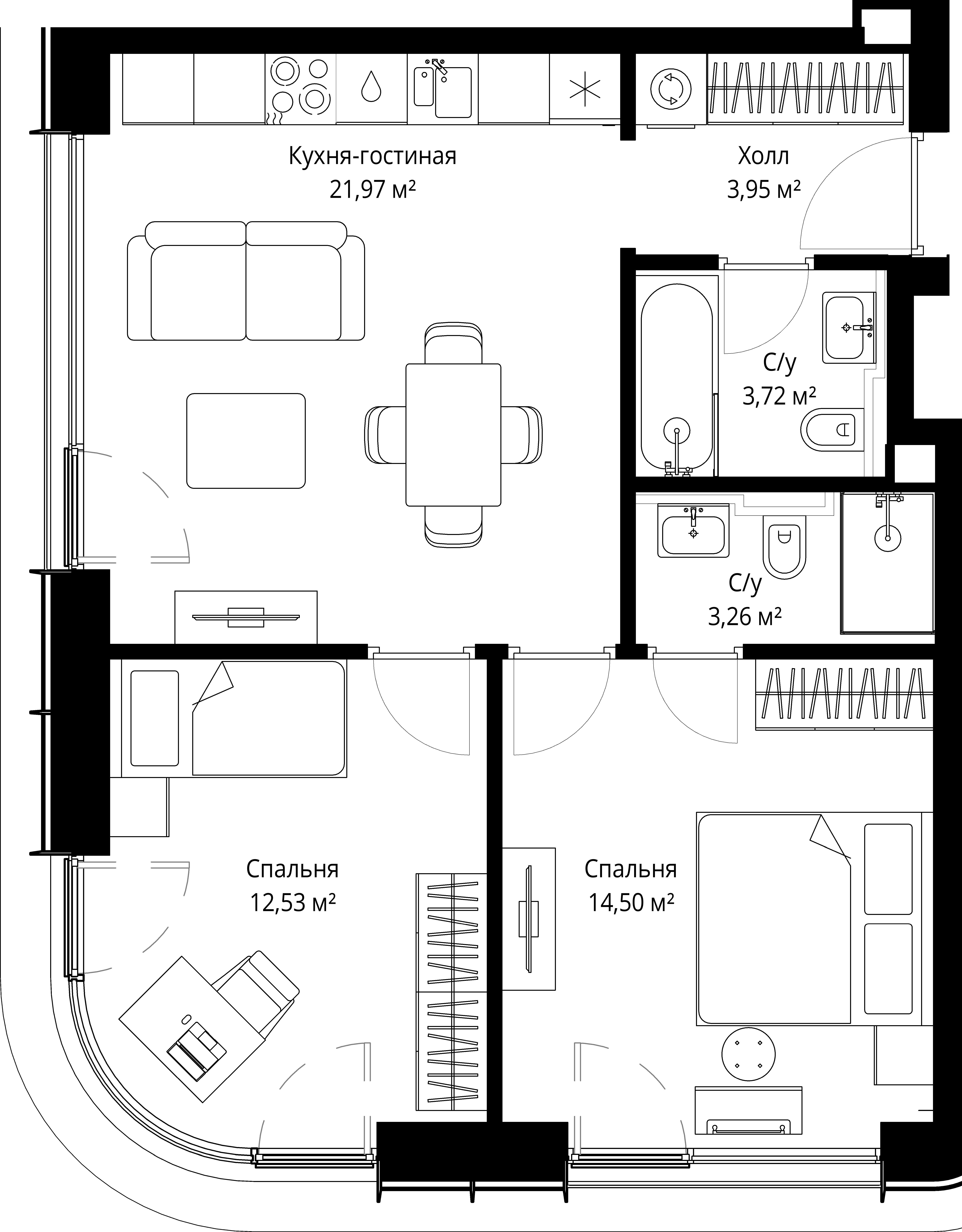 2-комнатная, 59,93 м² — 33 024 105 ₽