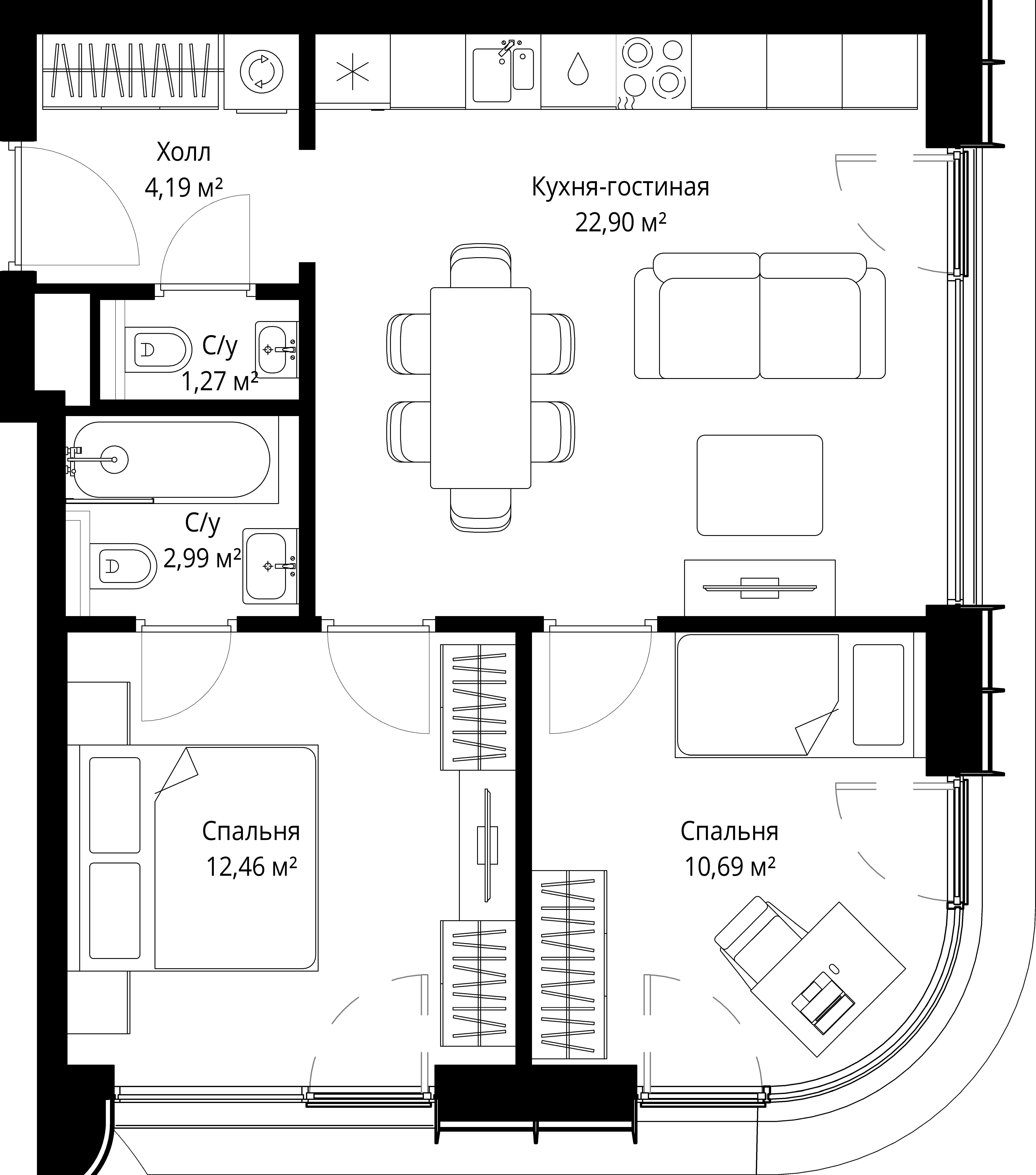 2-комнатная, 54,5 м² — 26 739 302 ₽