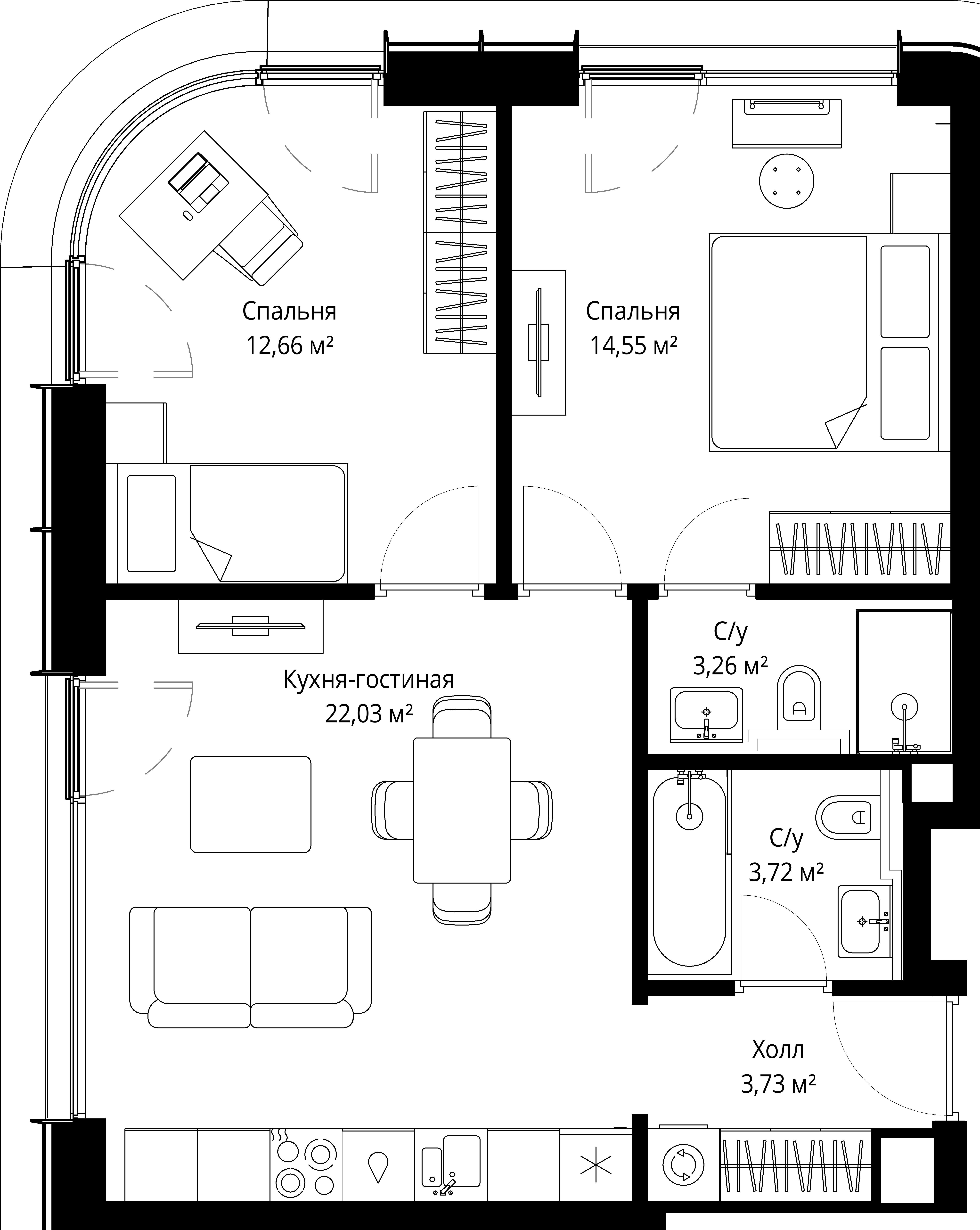2-комнатная, 59,95 м² — 30 076 558 ₽