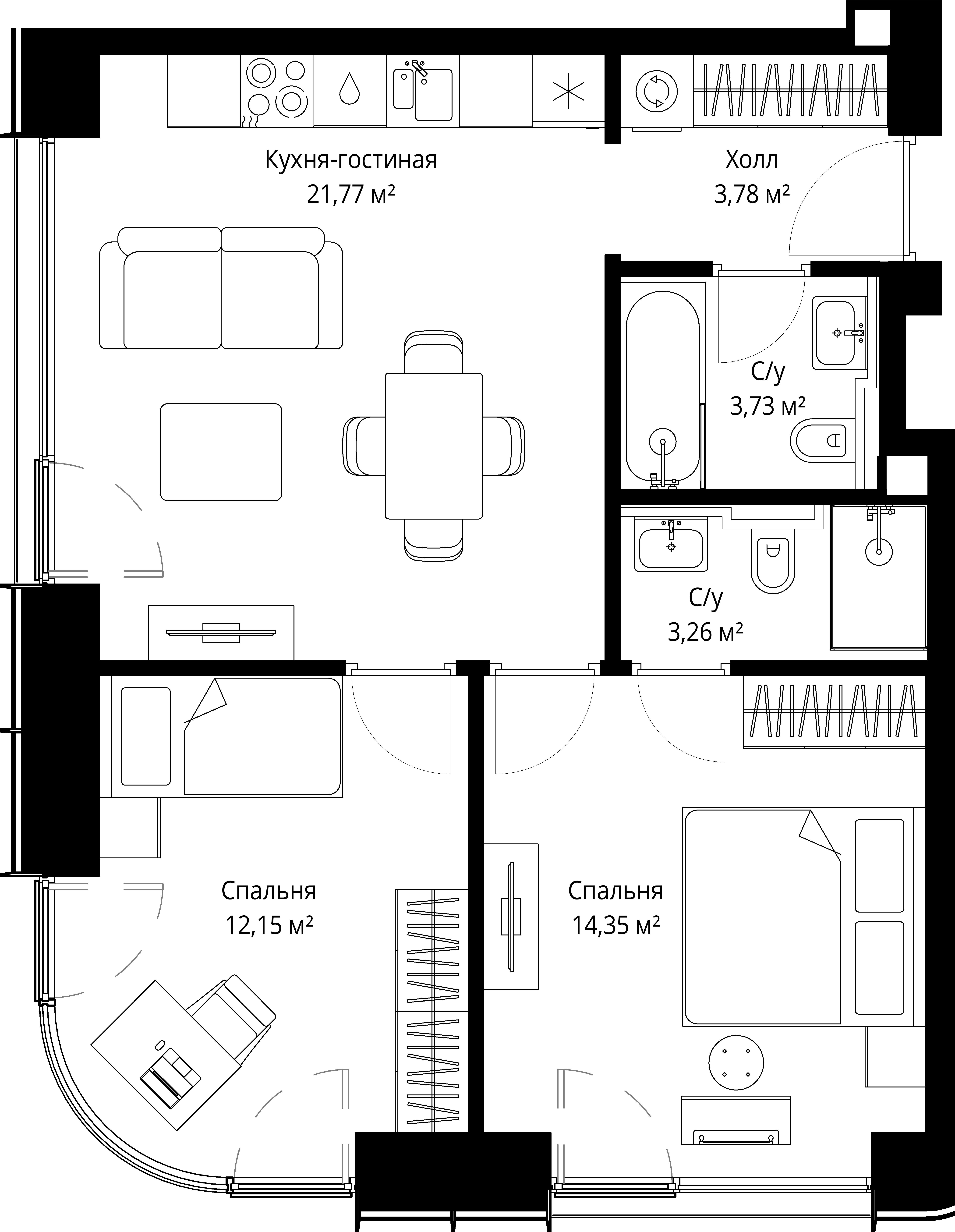 2-комнатная, 59,04 м² — 31 088 568 ₽