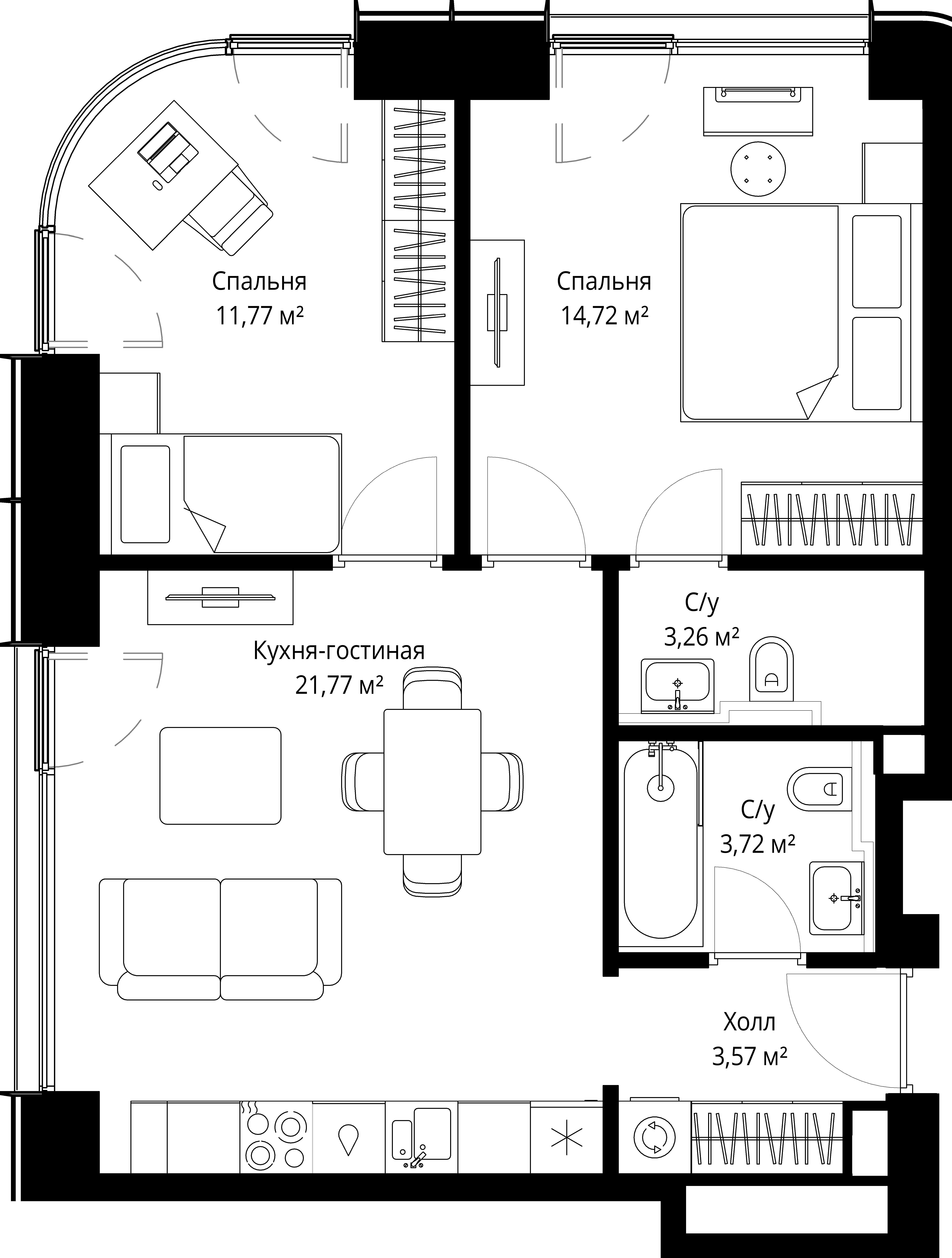 2-комнатная, 58,81 м² — 28 125 376 ₽