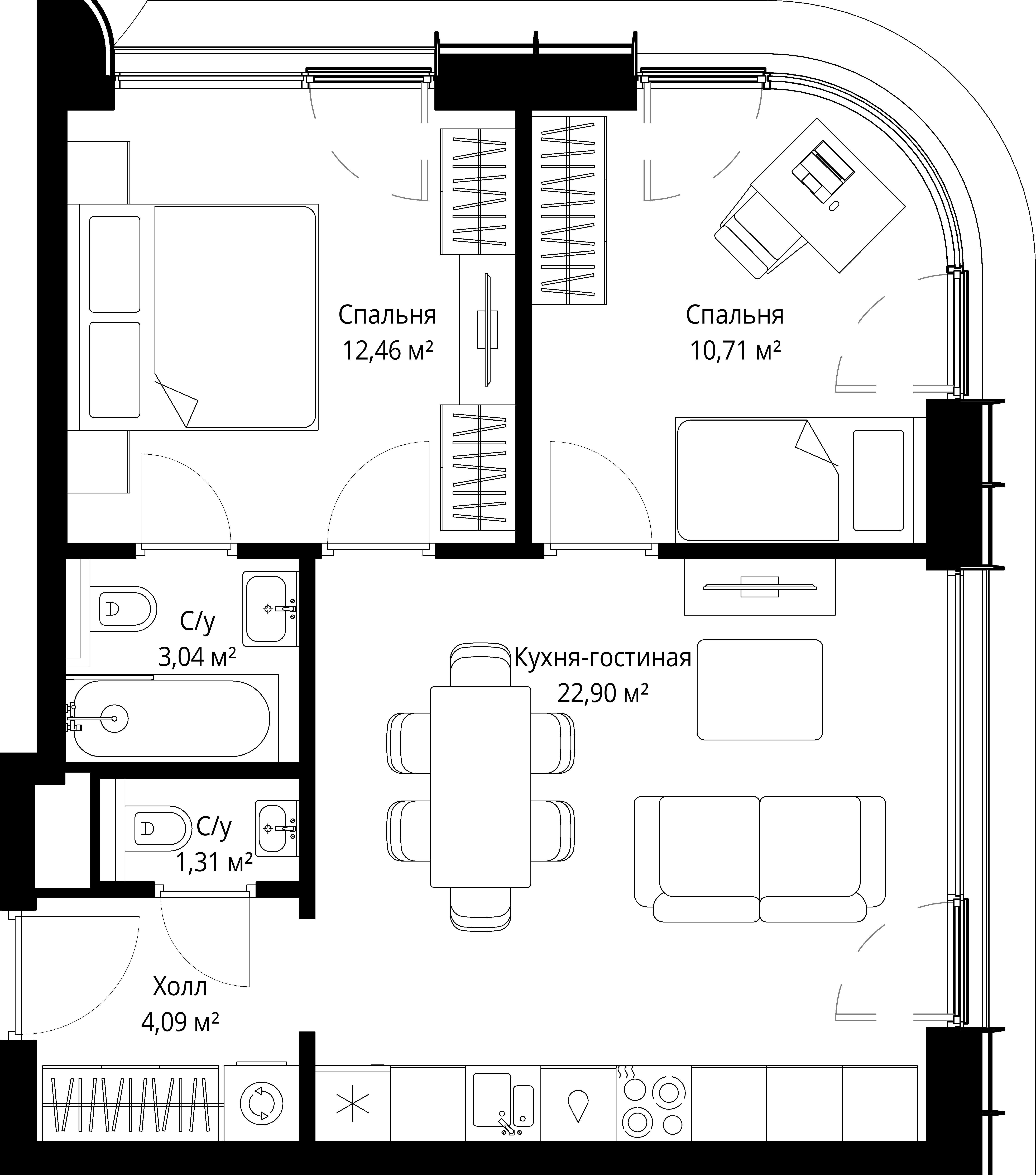 2-комнатная, 54,51 м² — 25 788 724 ₽