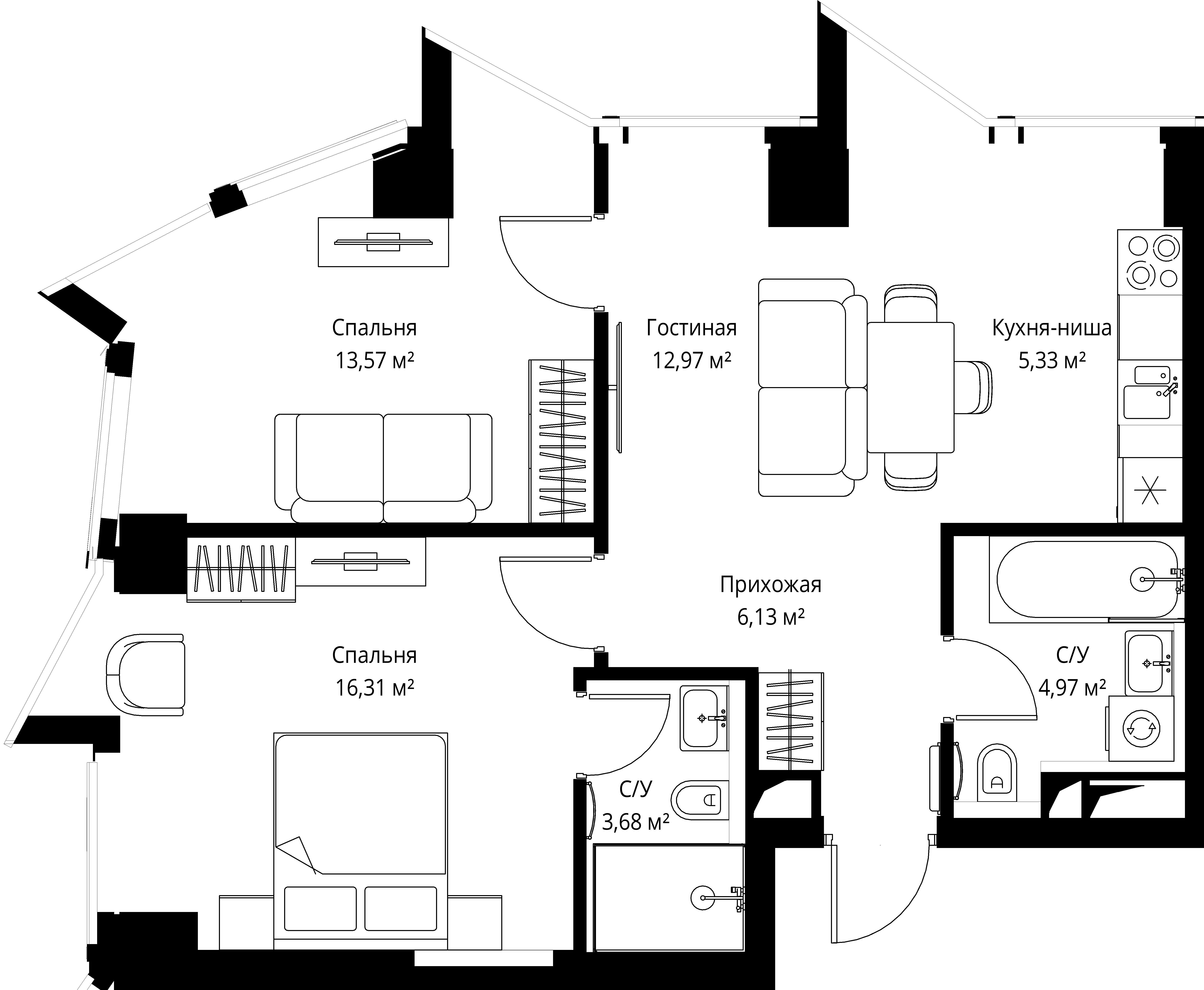 2-комнатная, 63,3 м² — 41 208 300 ₽