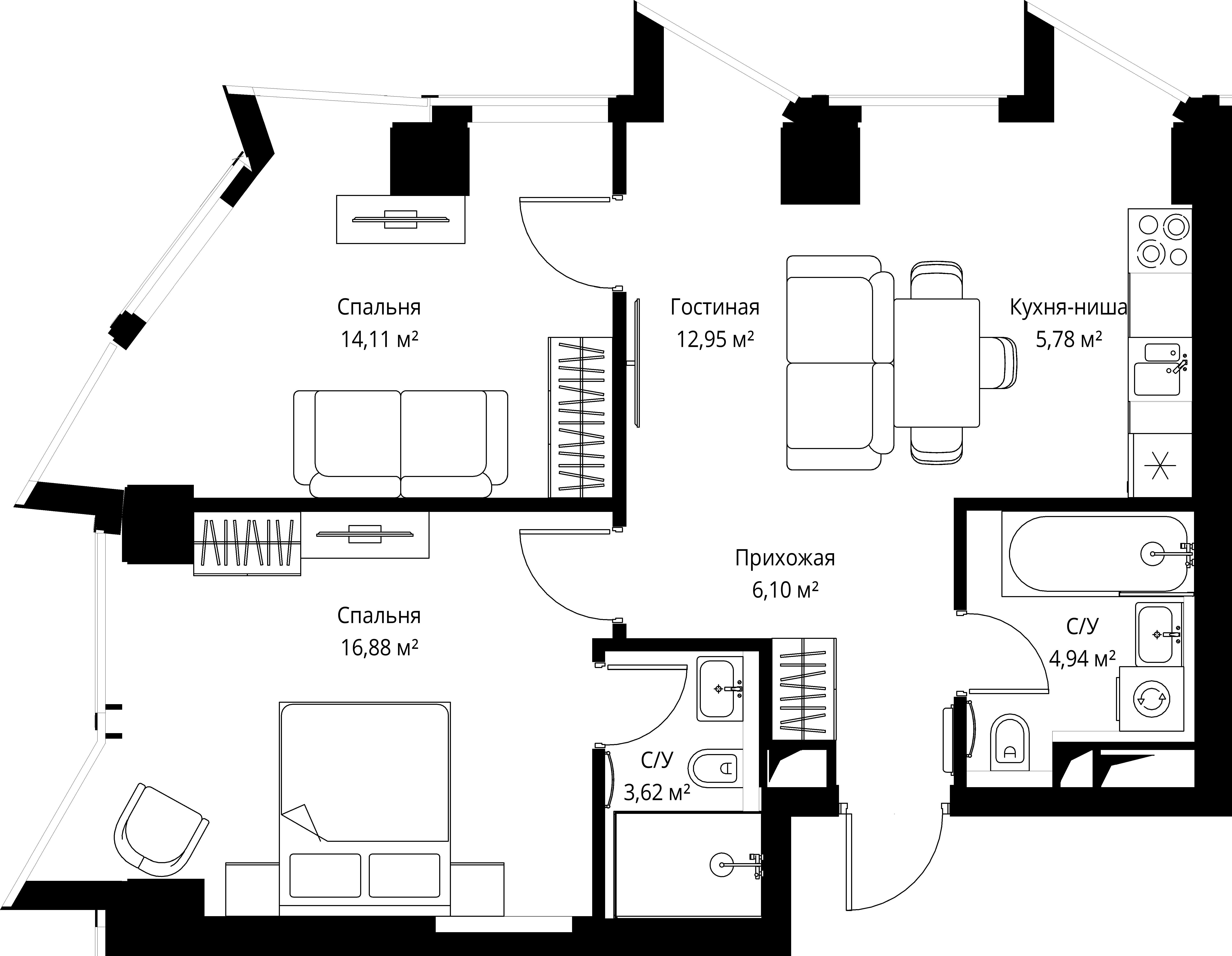 2-комнатная, 64,4 м² — 42 032 592 ₽