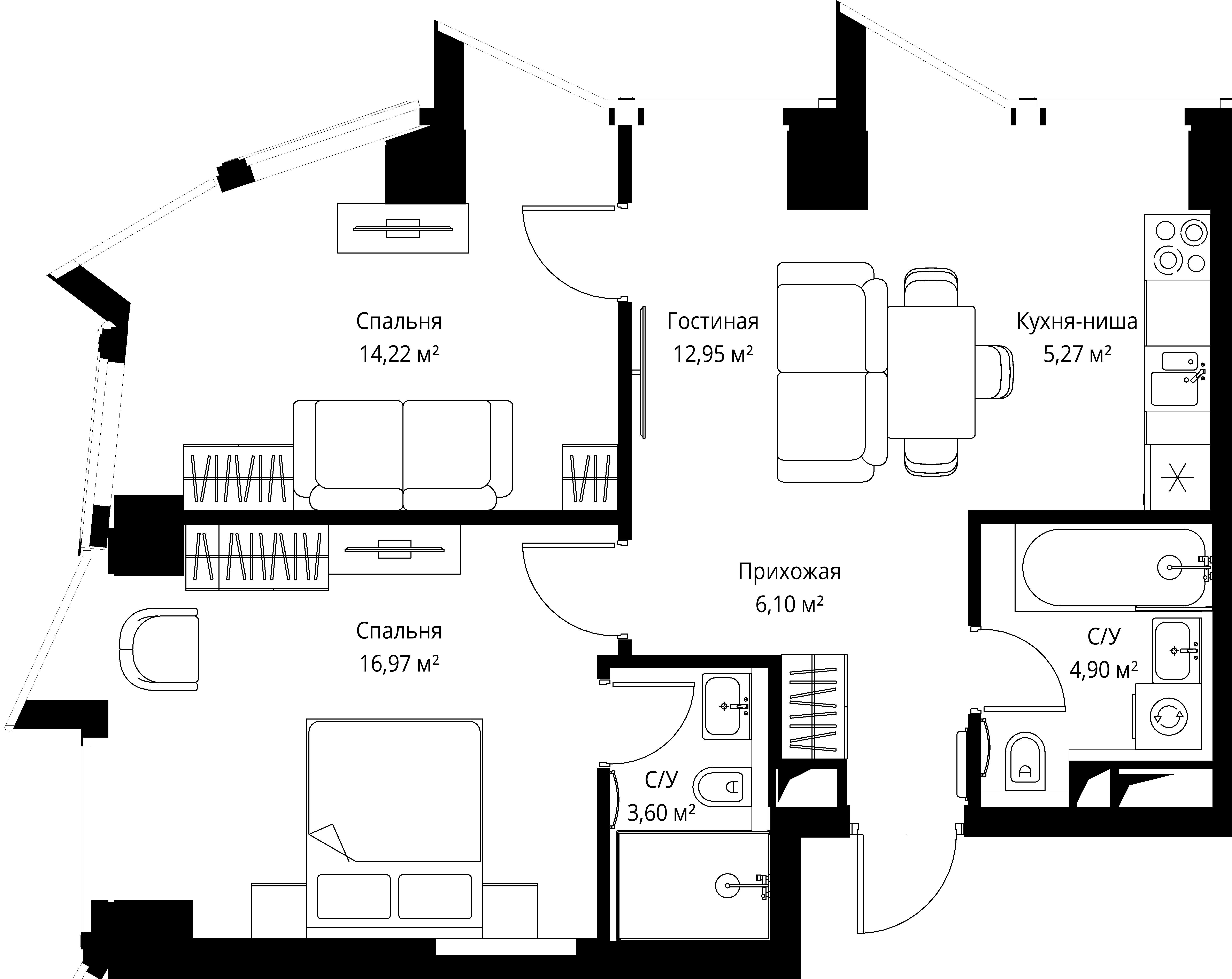 2-комнатная, 63,7 м² — 41 736 240 ₽