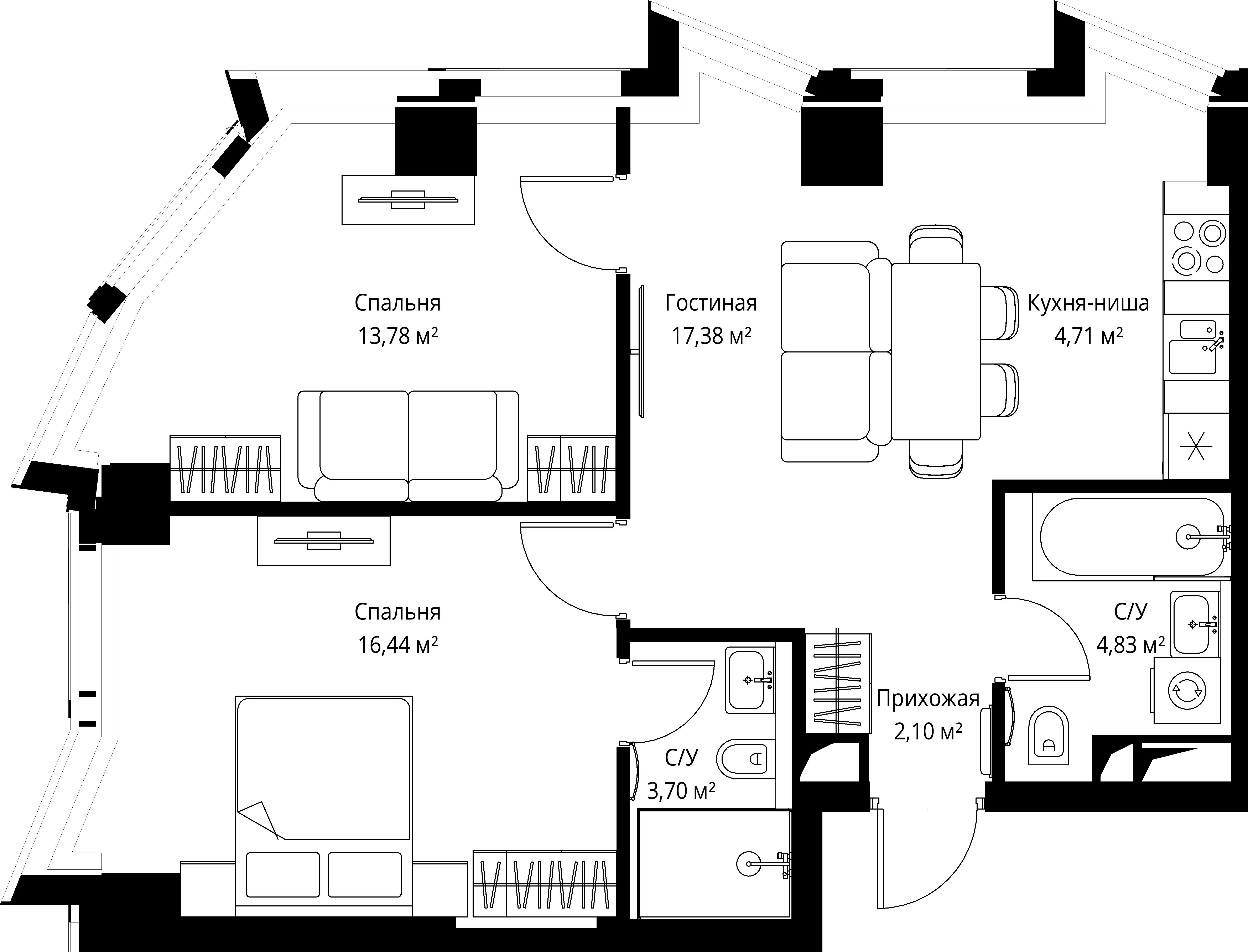 2-комнатная, 66 м² — 43 409 520 ₽