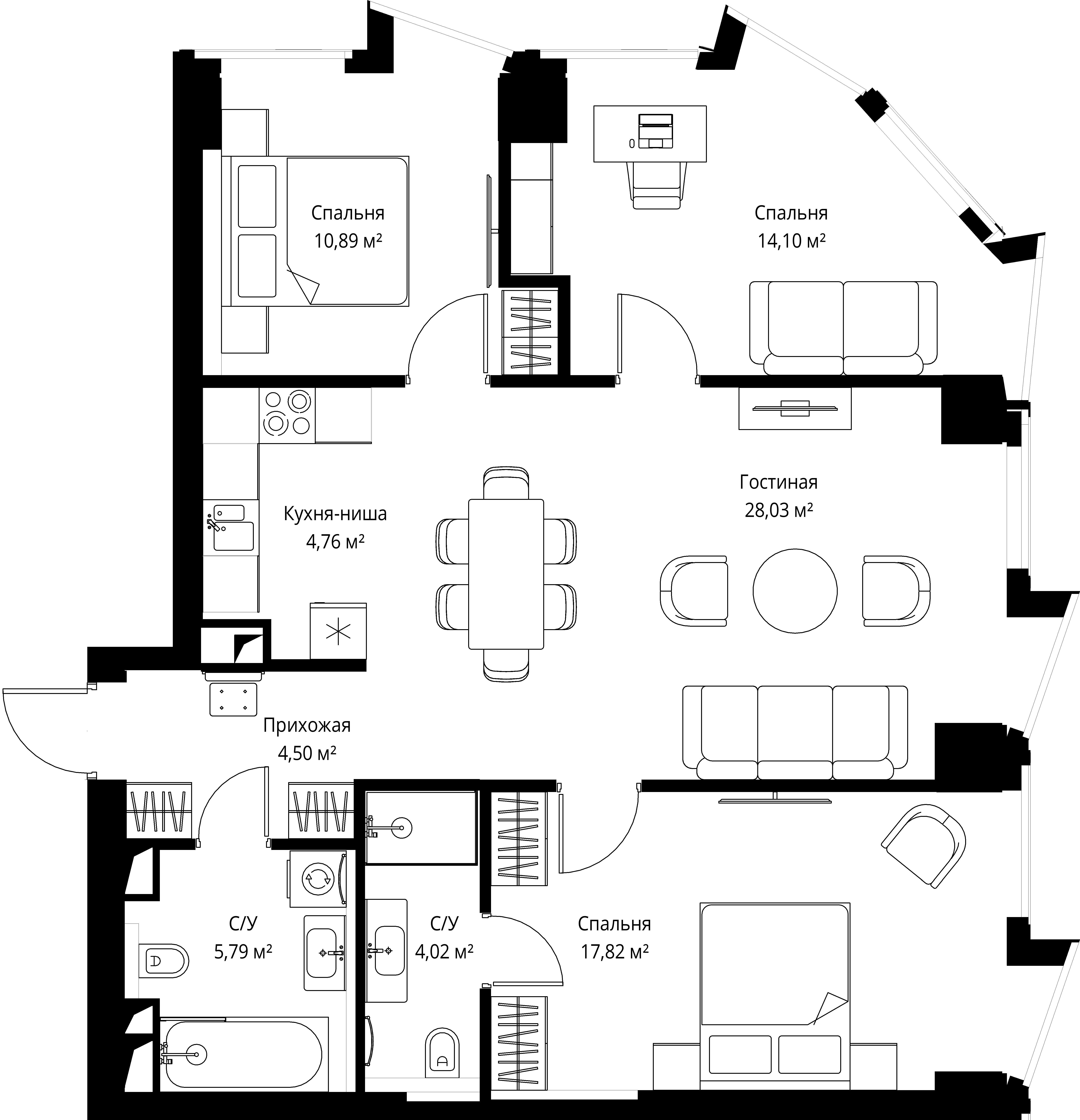 3-комнатная, 90,5 м² — 61 168 950 ₽