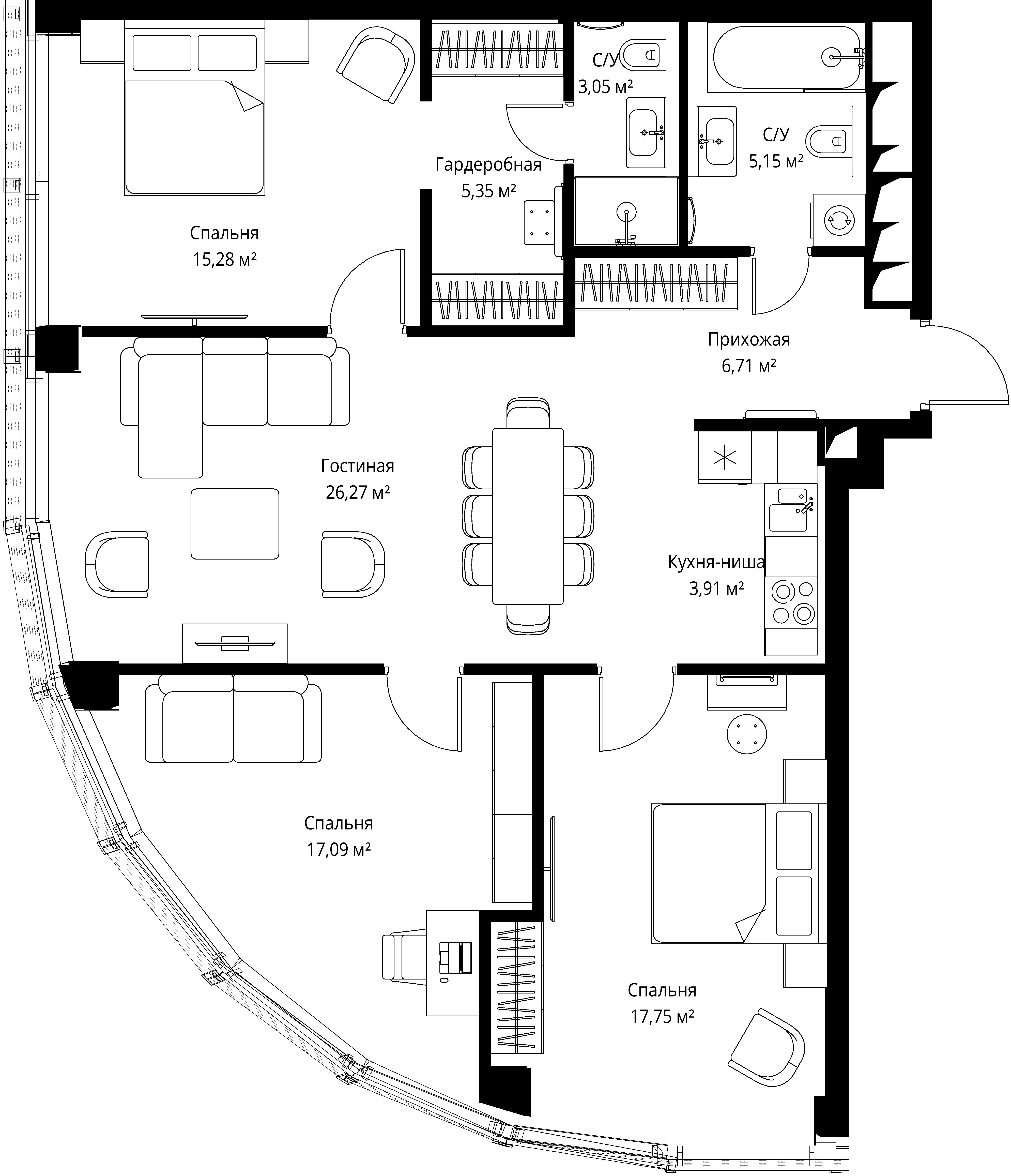 3-комнатная, 100,4 м² — 72 508 880 ₽