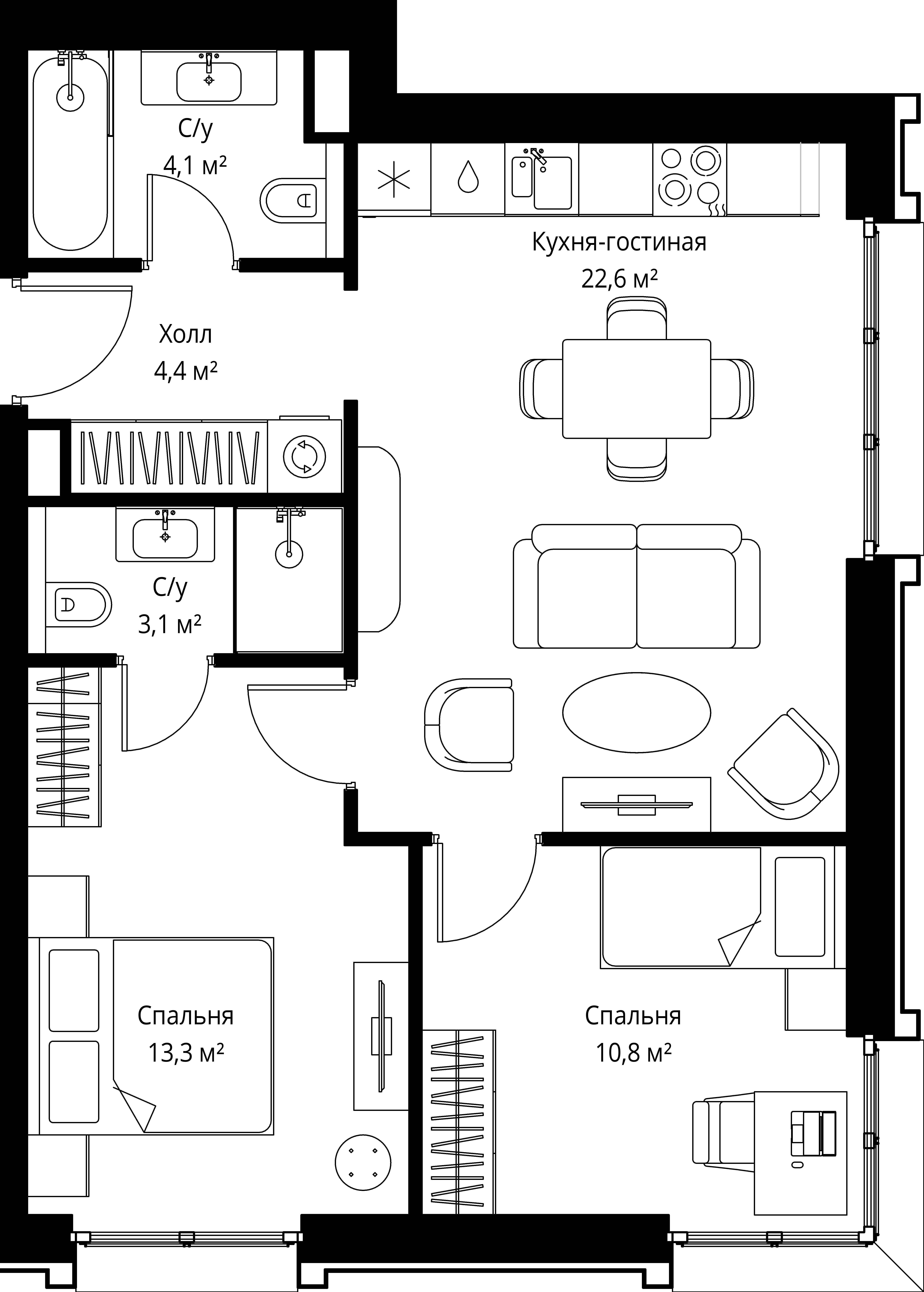 2-комнатная, 58,3 м² — 35 922 575 ₽