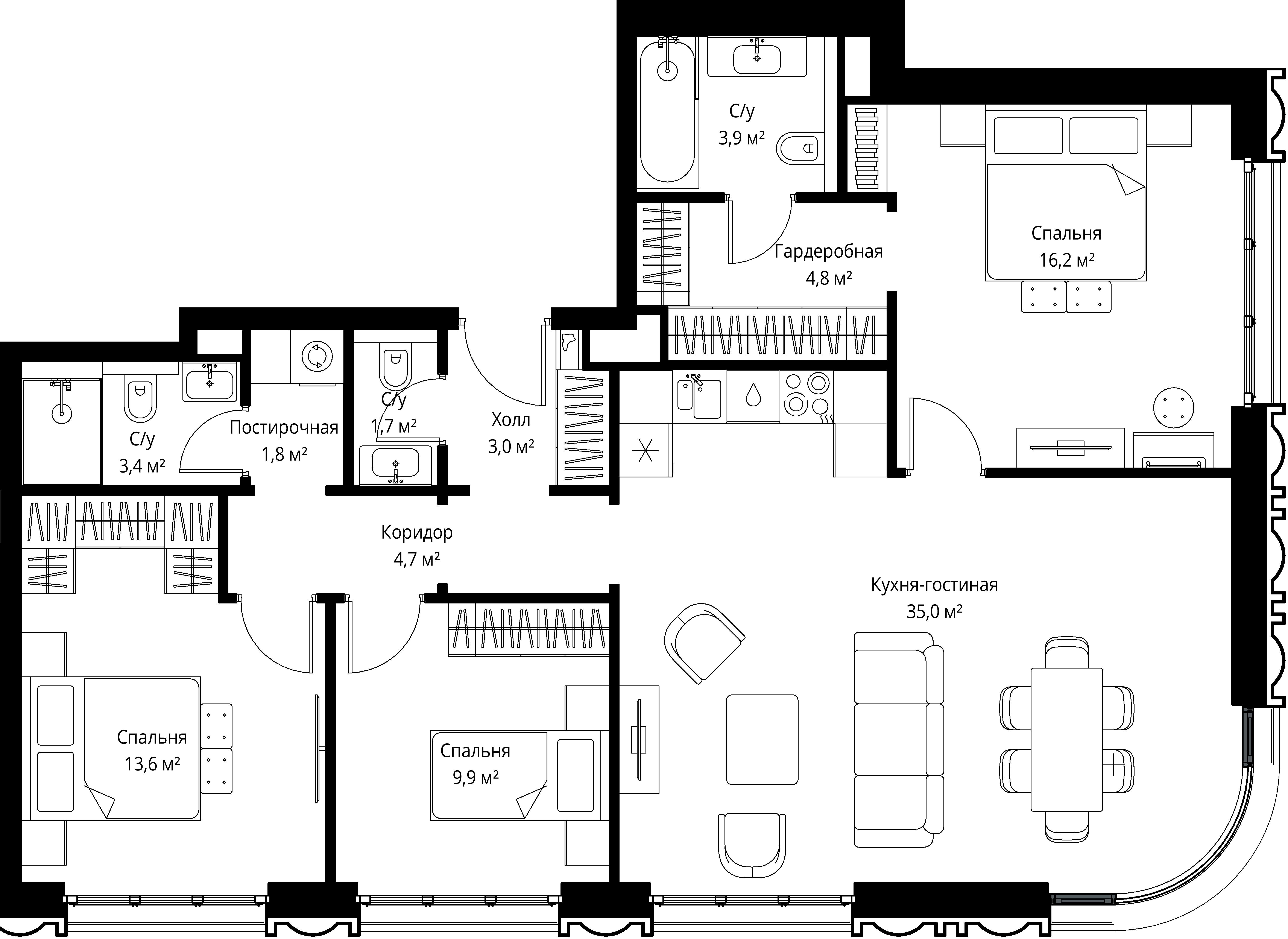 3-комнатная, 98 м² — 53 619 678 ₽