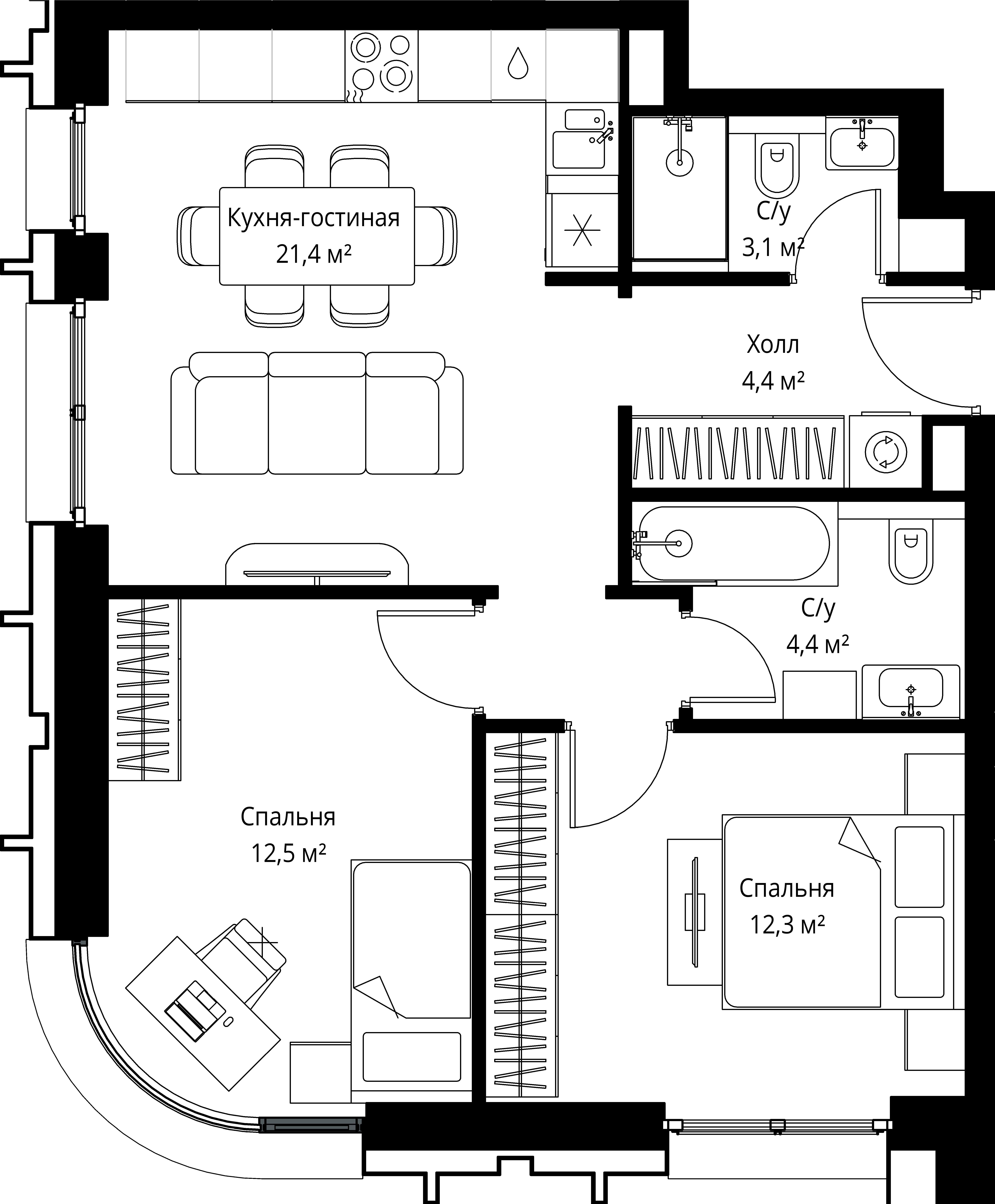 2-комнатная, 58,1 м² — 37 270 593 ₽