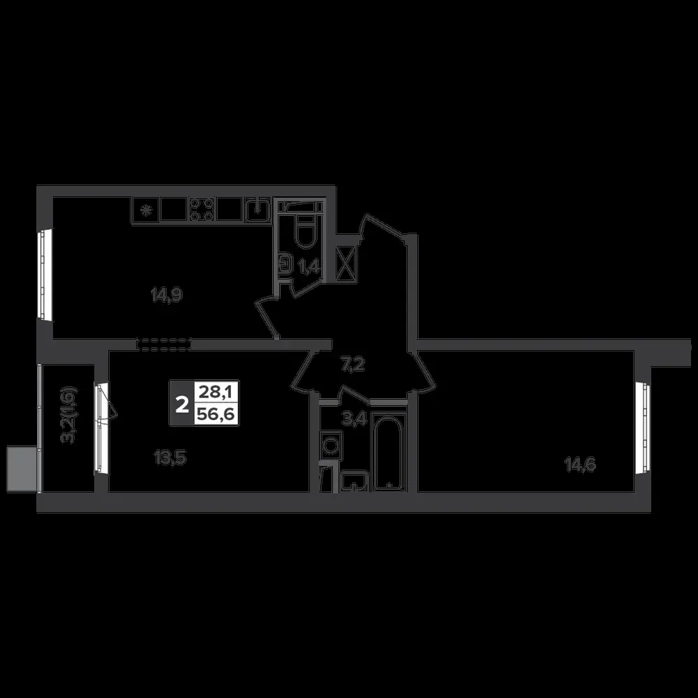 2-комнатная, 56,4 м² — 13 245 822 ₽