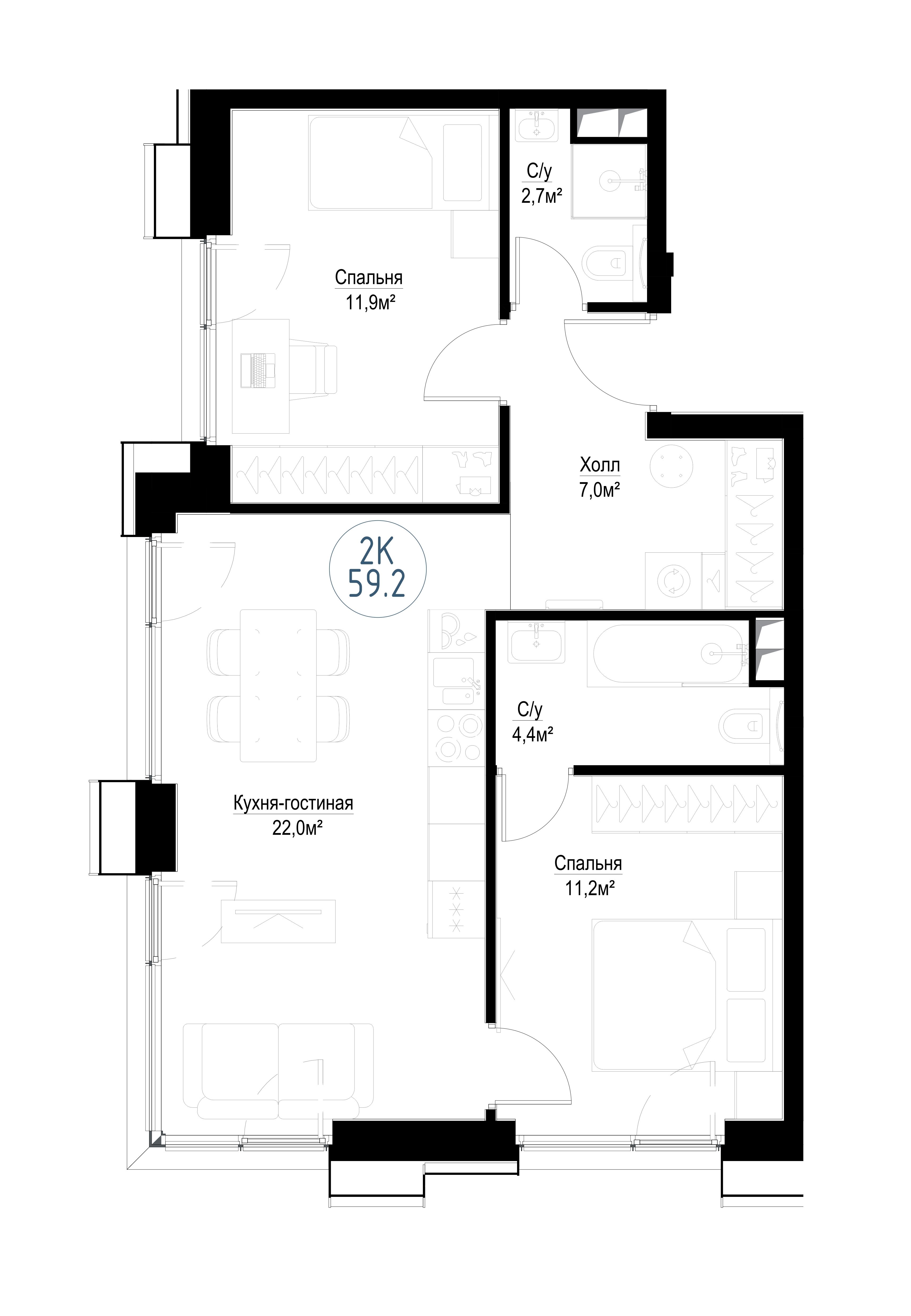 2-комнатная, 57,6 м² — 29 463 552 ₽