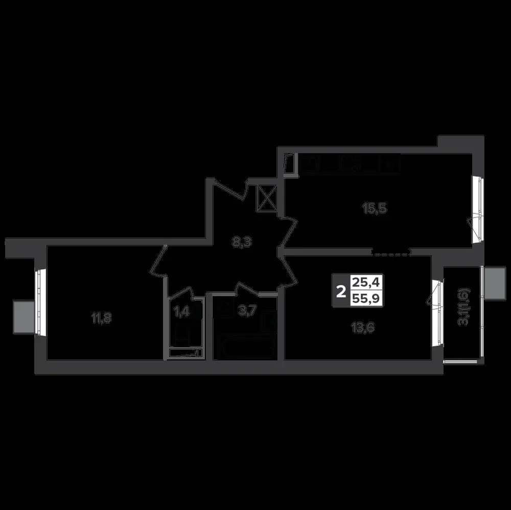 2-комнатная, 55,6 м² — 13 256 430 ₽