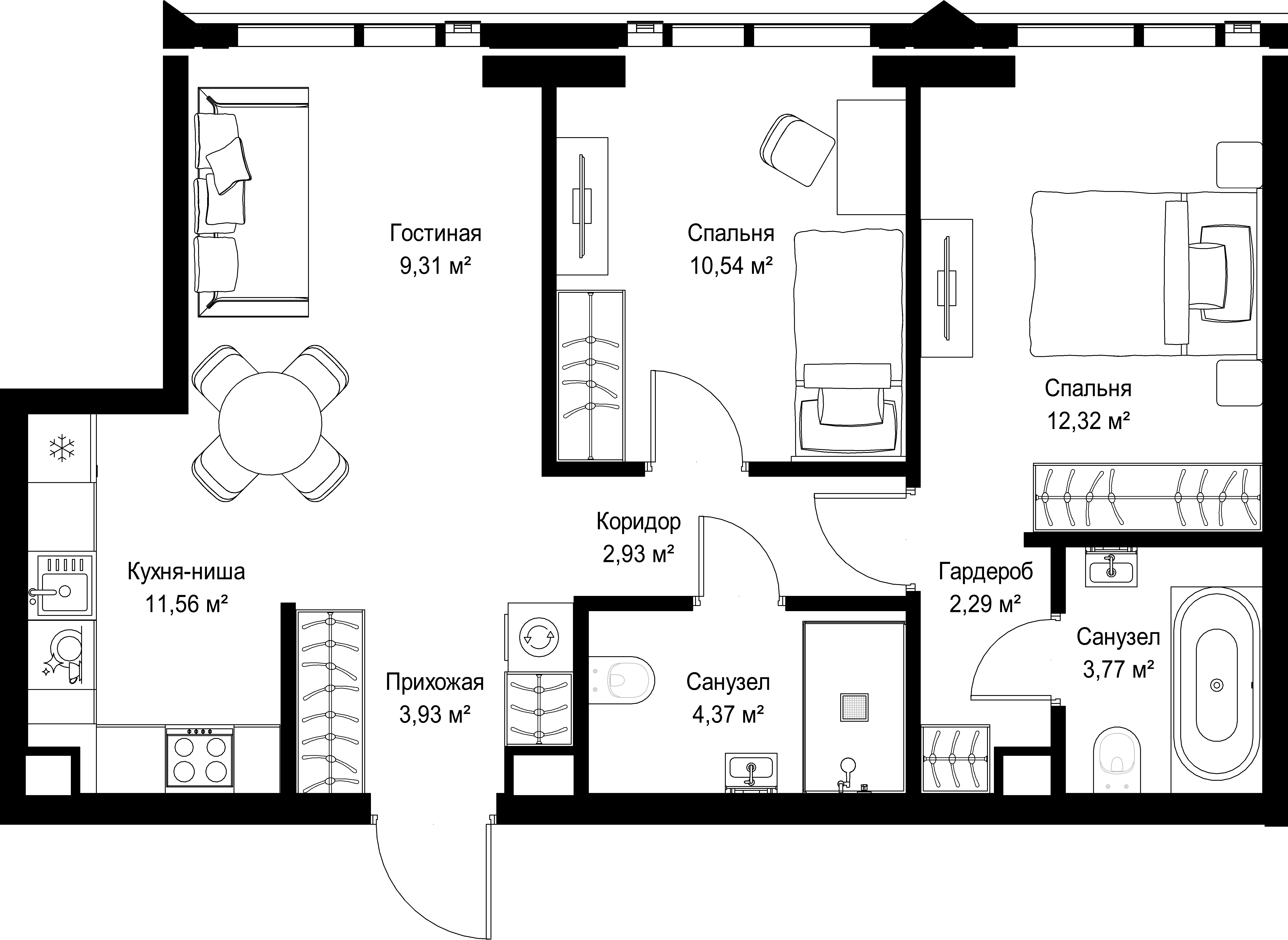 2-комнатная, 61,02 м² — 46 027 386 ₽