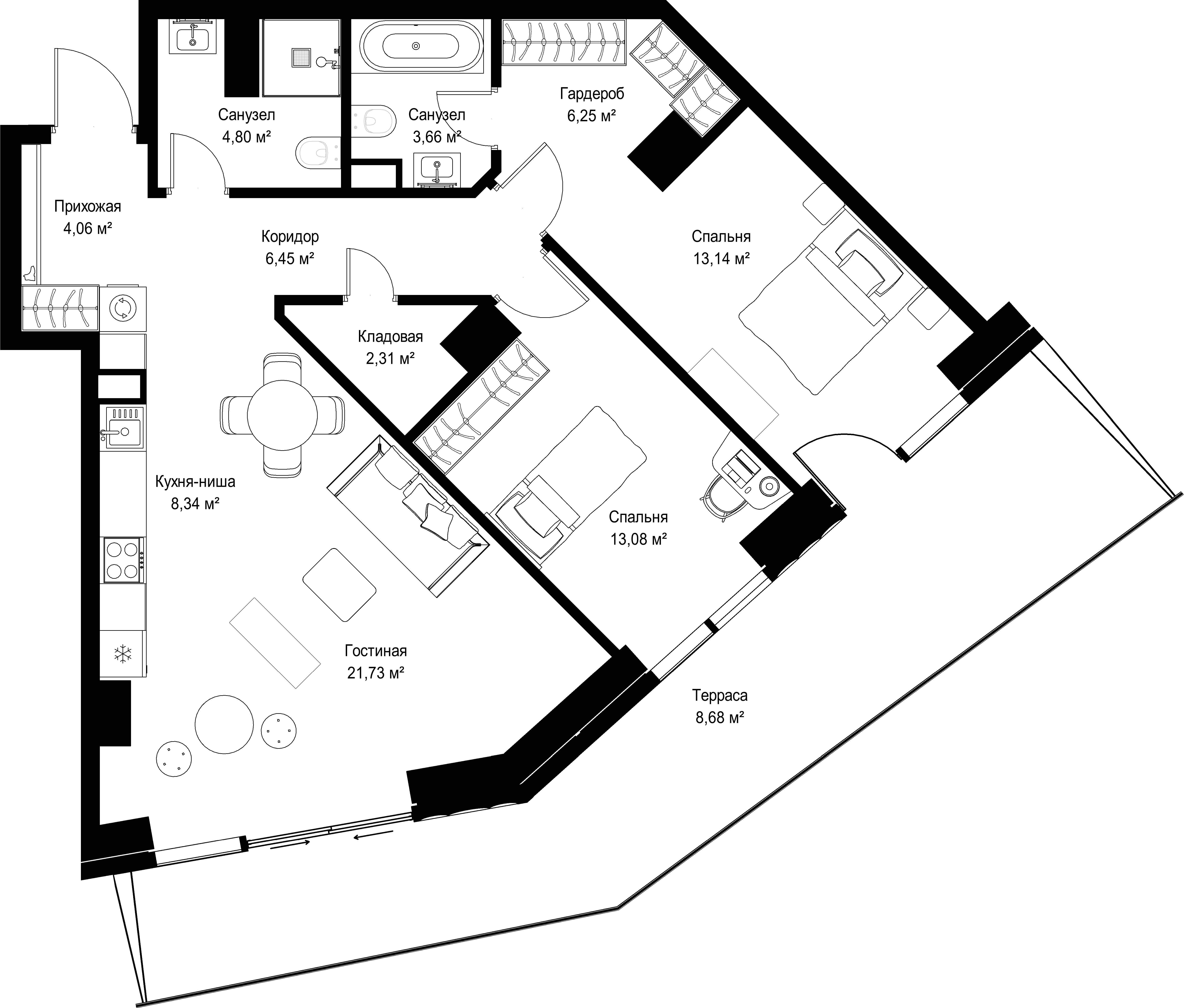 2-комнатная, 92,5 м² — 65 018 250 ₽