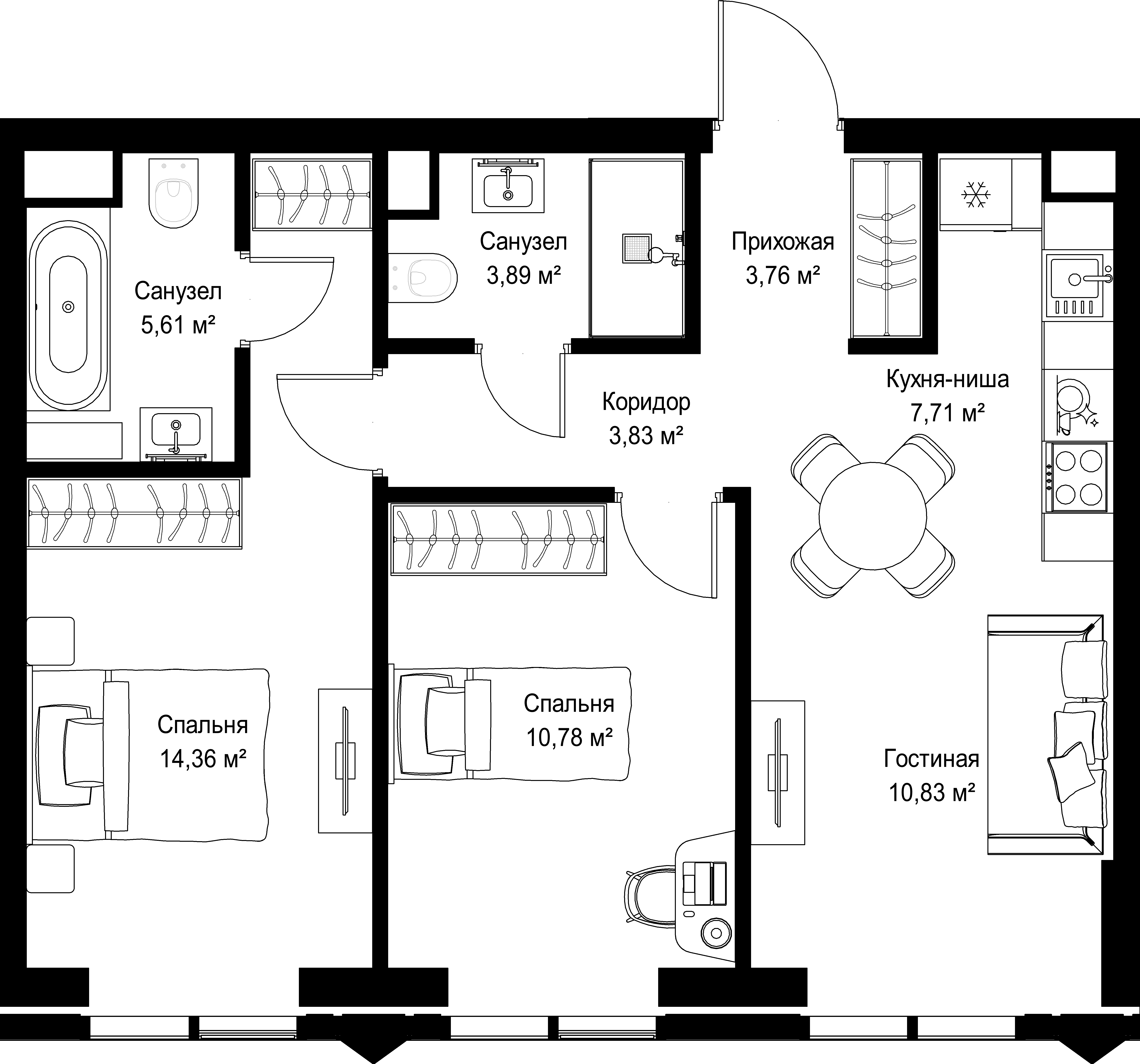 2-комнатная, 60,77 м² — 42 380 998 ₽