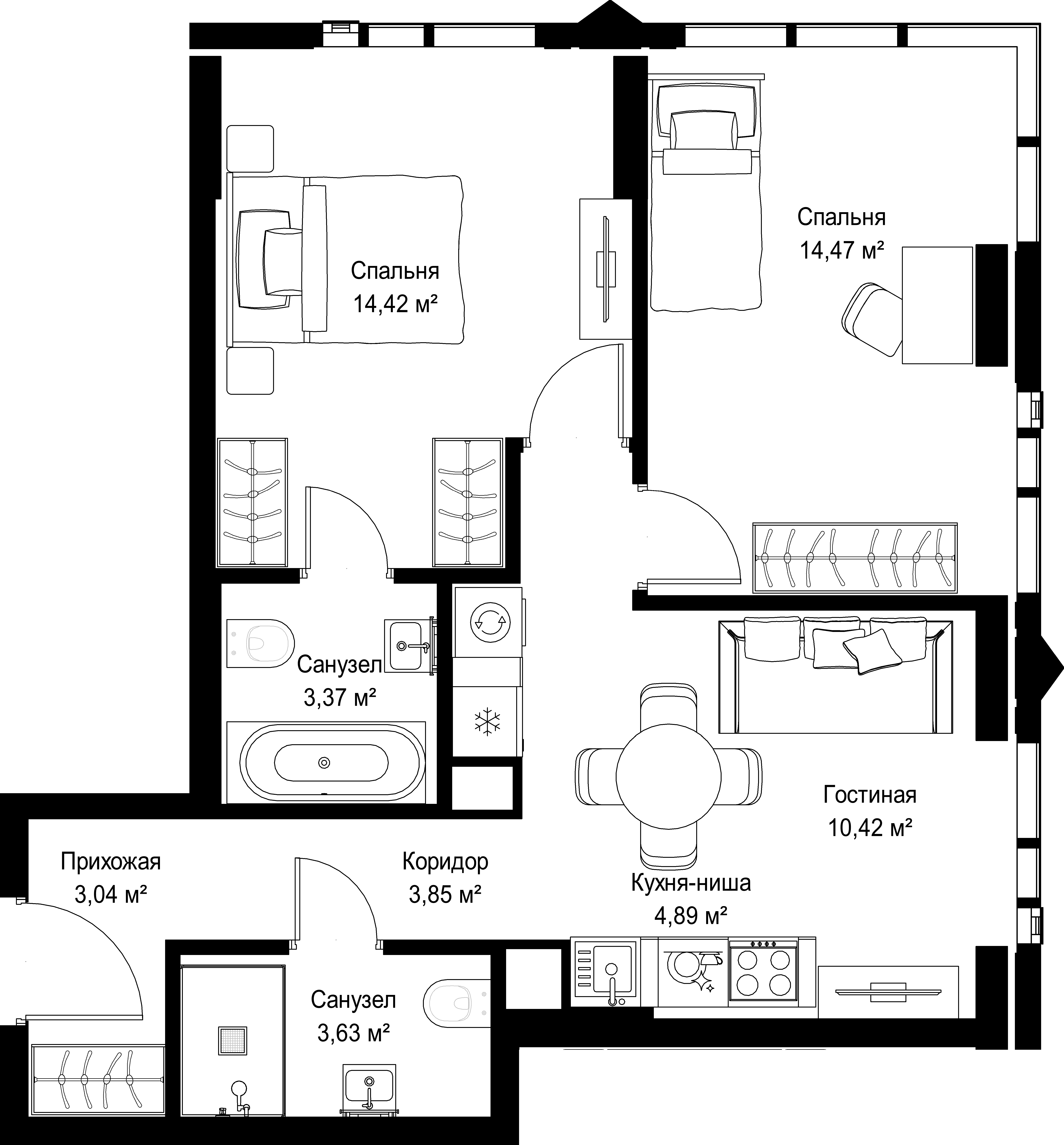 2-комнатная, 58,09 м² — 41 900 317 ₽