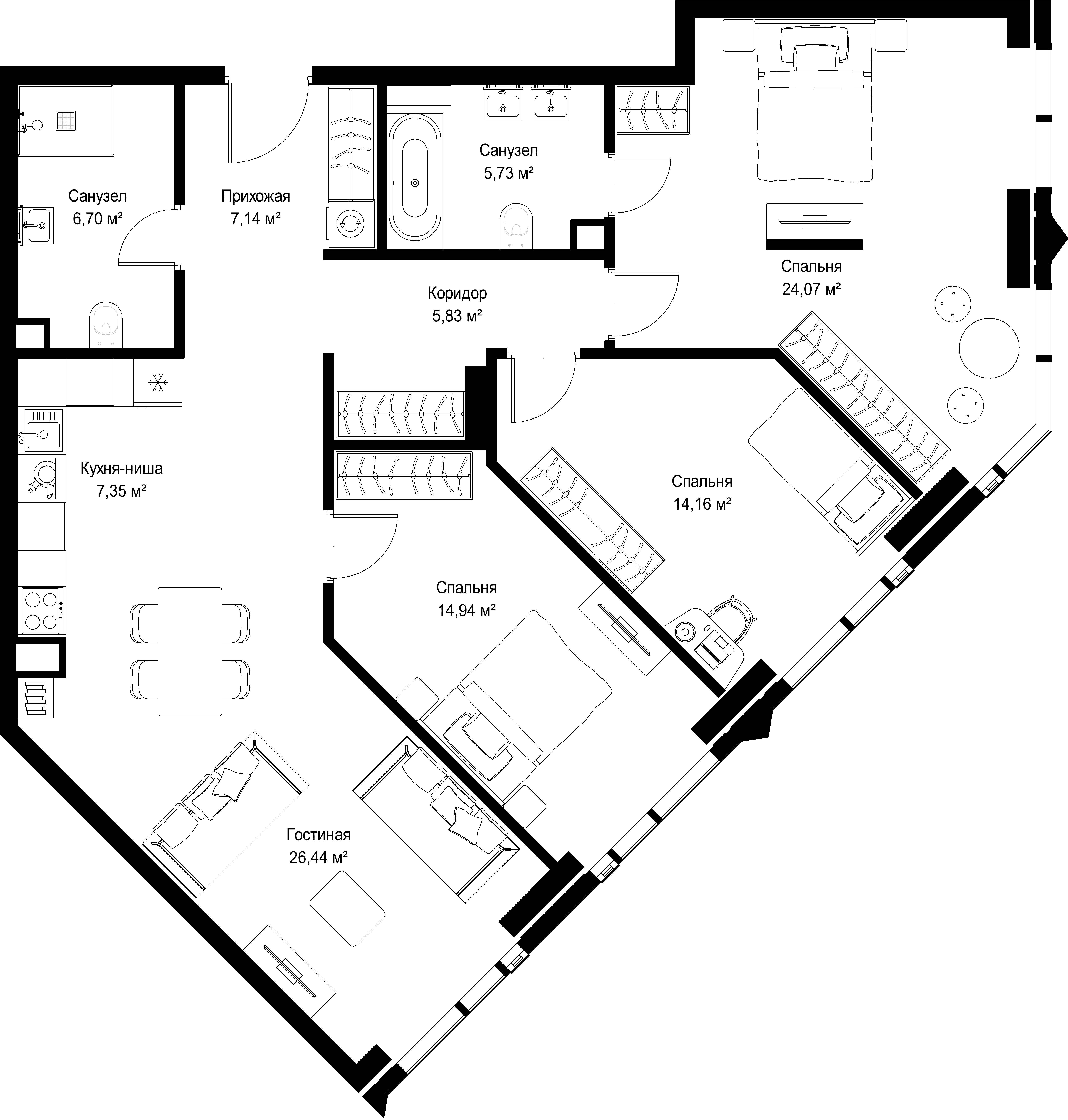 3-комнатная, 112,36 м² — 63 117 555 ₽