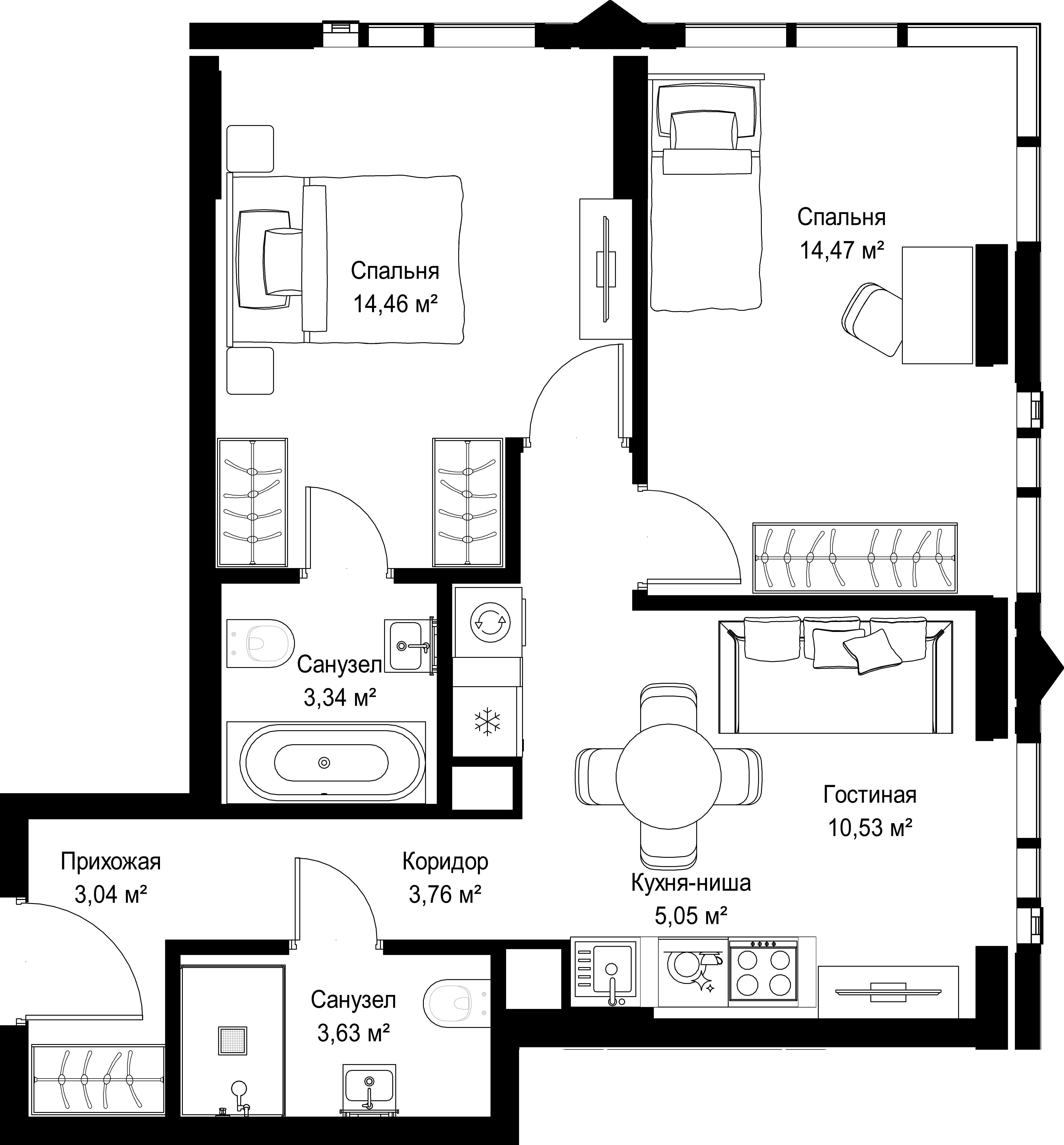 2-комнатная, 58,28 м² — 42 719 240 ₽