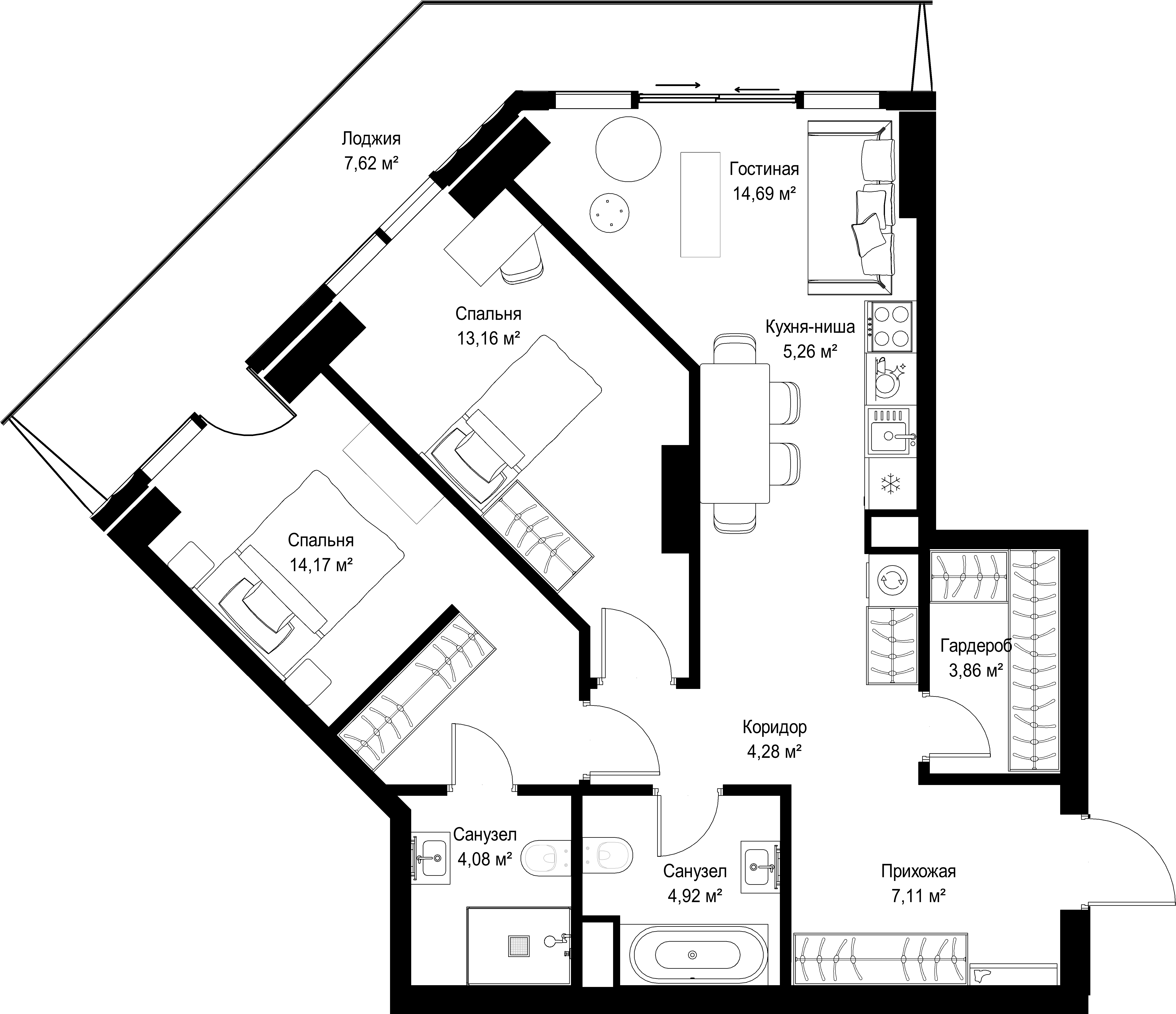 2-комнатная, 79,15 м² — 51 122 985 ₽