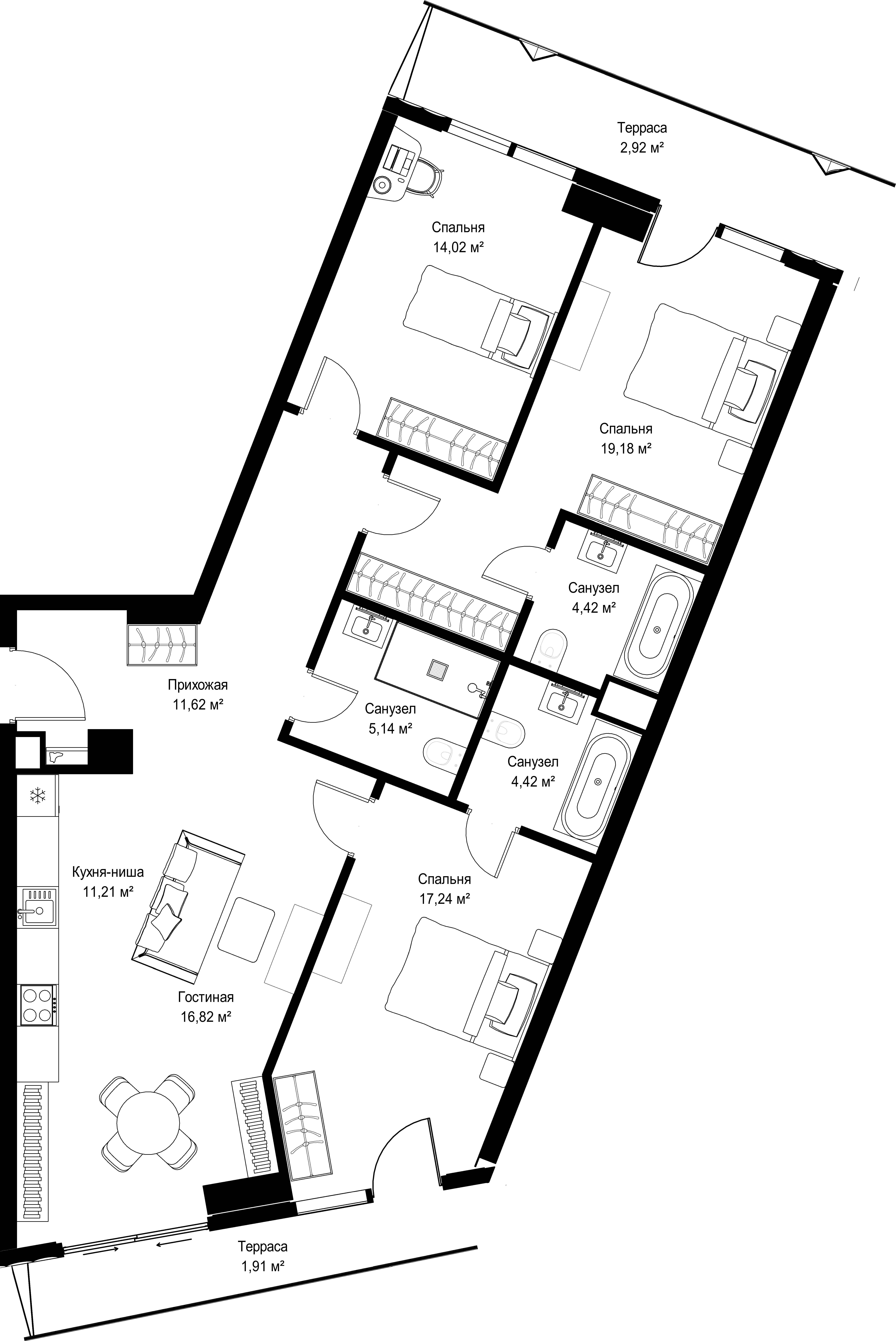 3-комнатная, 108,9 м² — 77 101 200 ₽