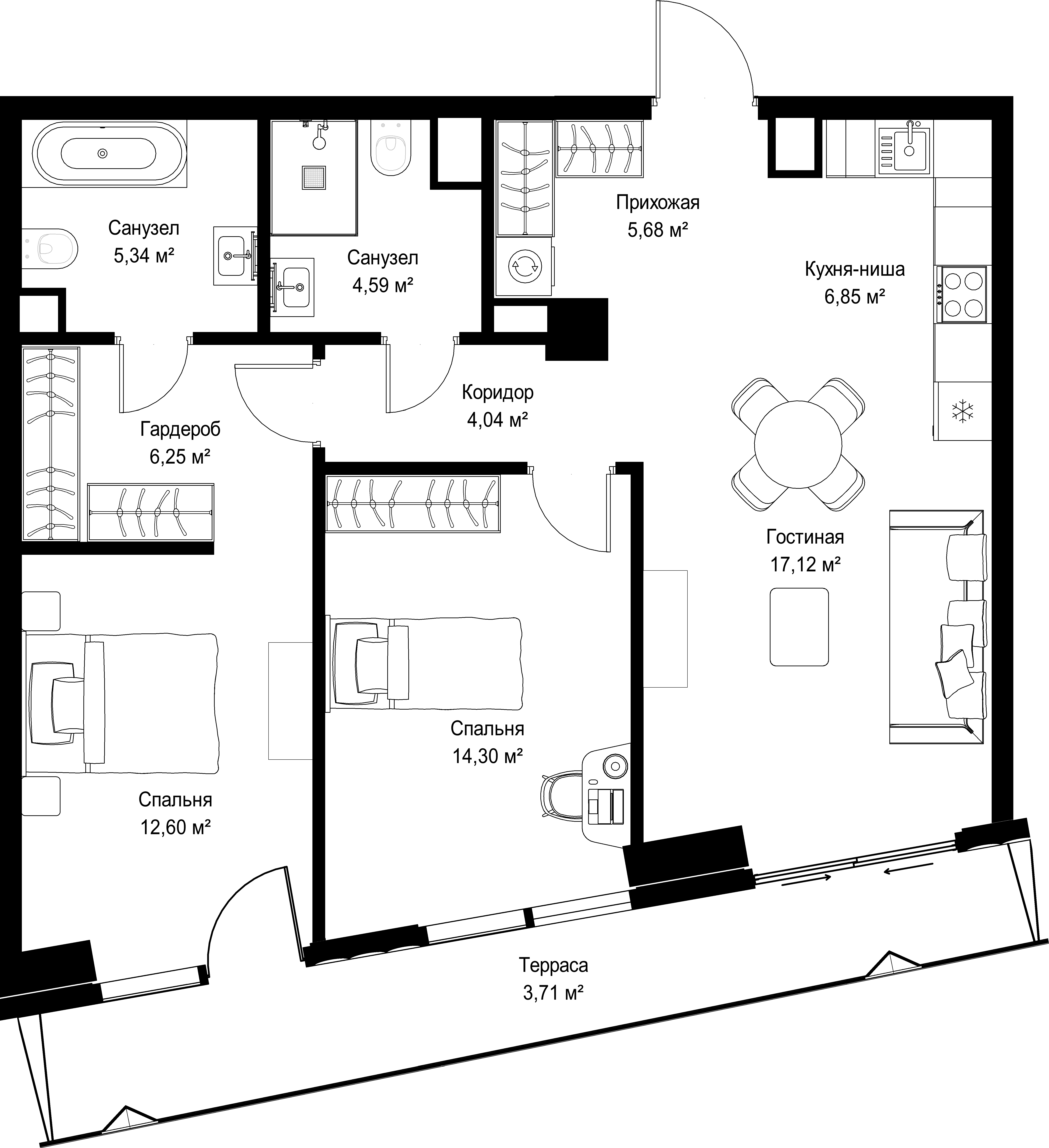 2-комнатная, 80,48 м² — 56 110 656 ₽