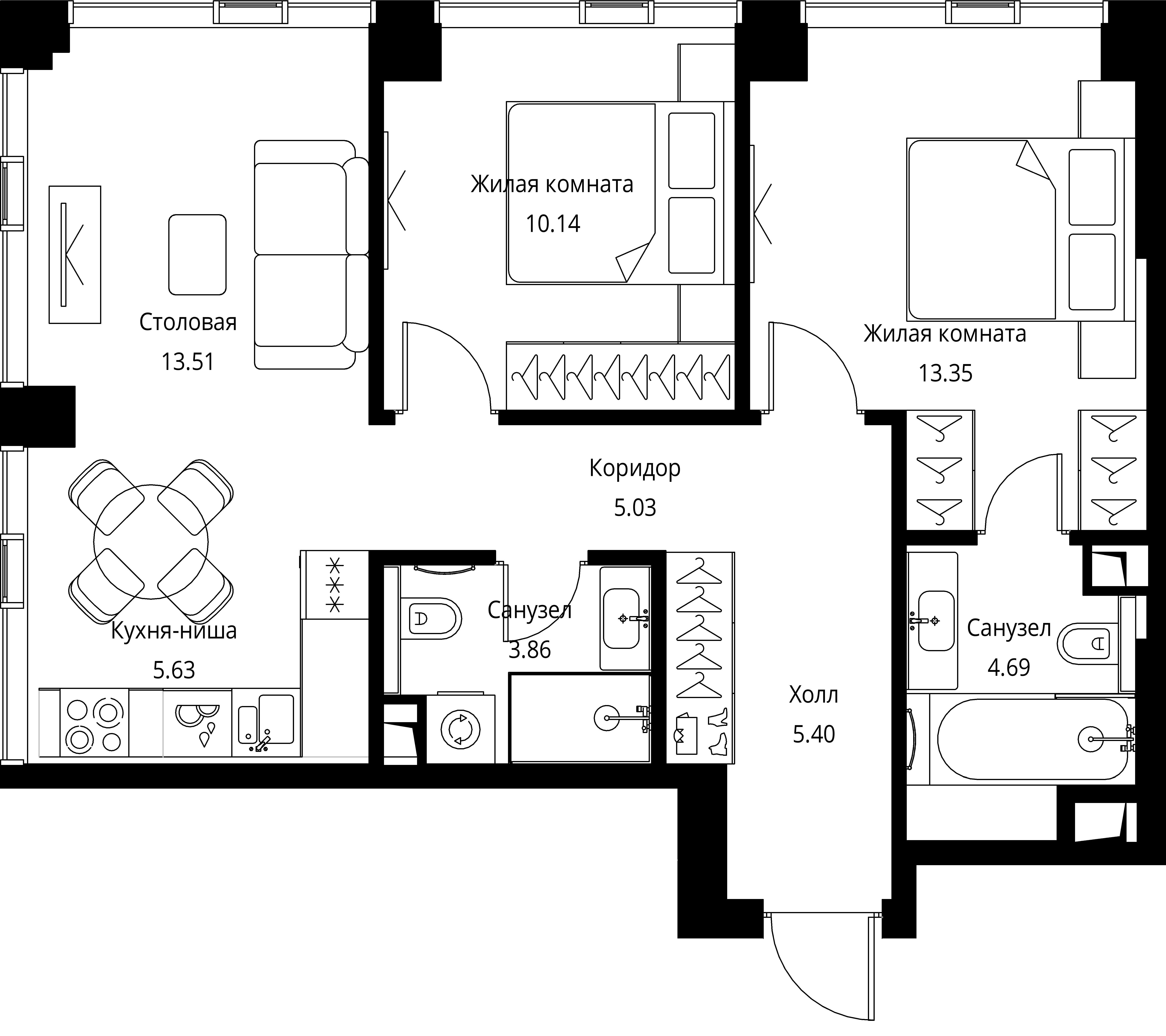 2-комнатная, 61,61 м² — 25 717 190 ₽