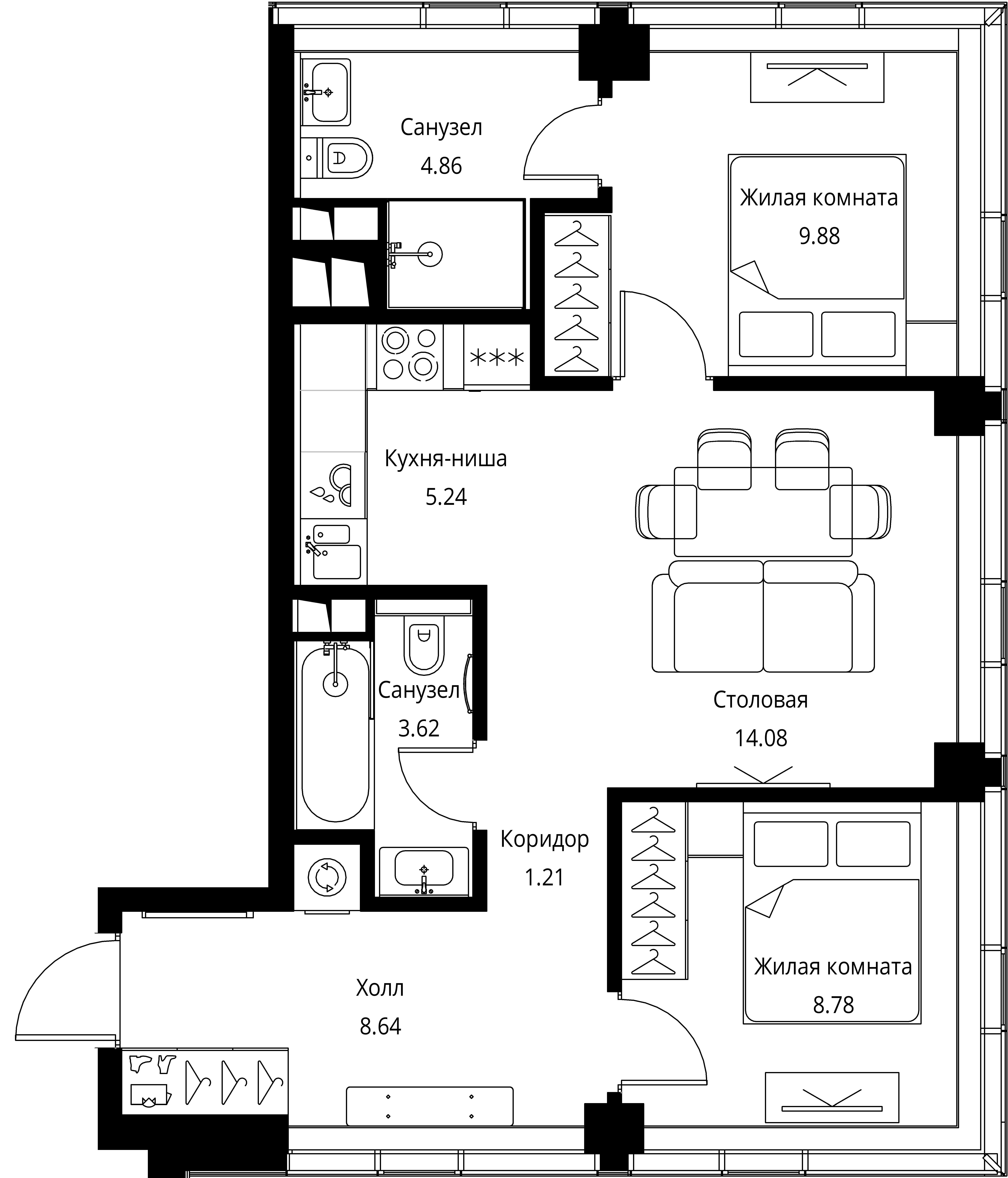 2-комнатная, 56,3 м² — 26 340 394 ₽