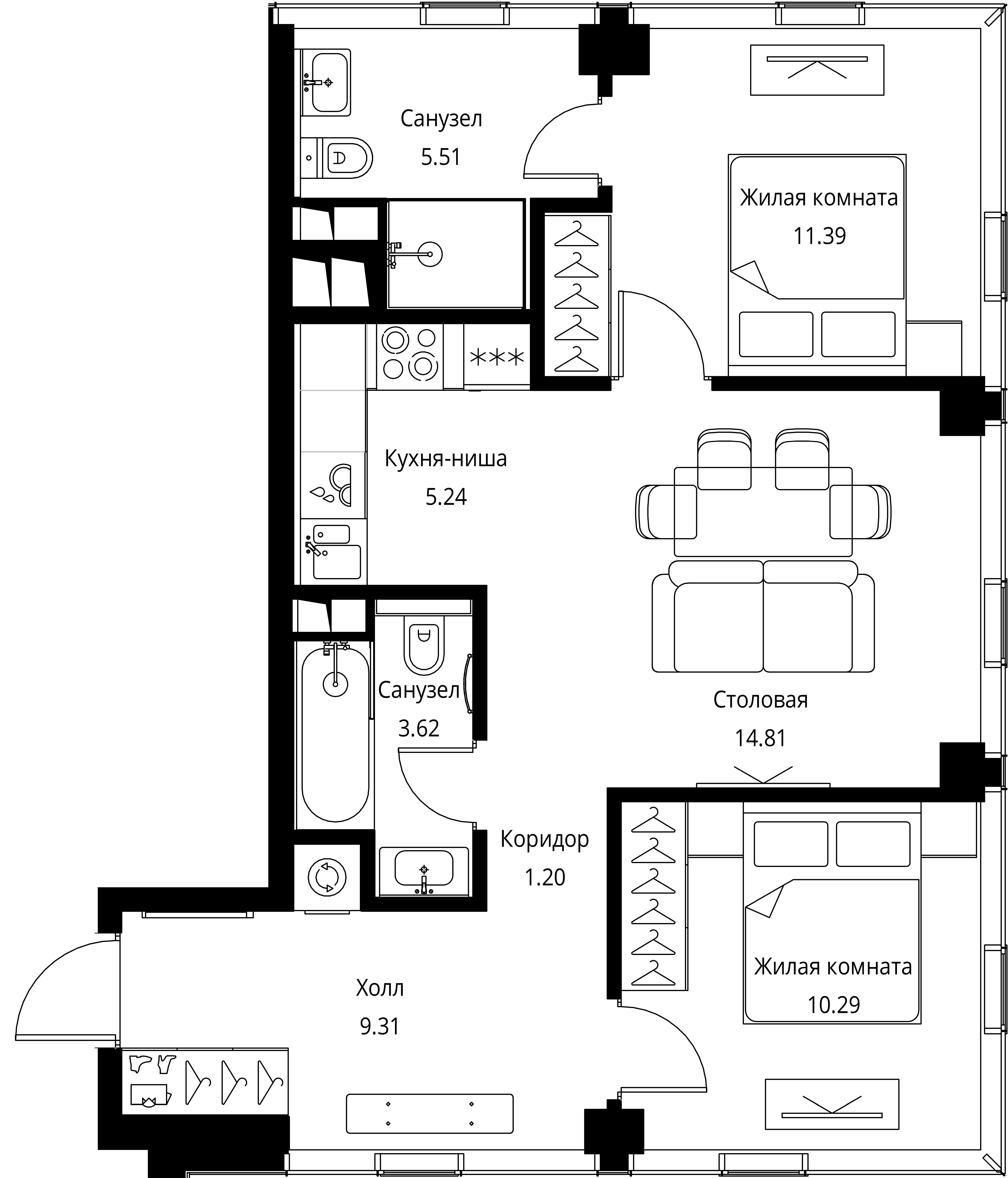 2-комнатная, 61,37 м² — 28 501 774 ₽