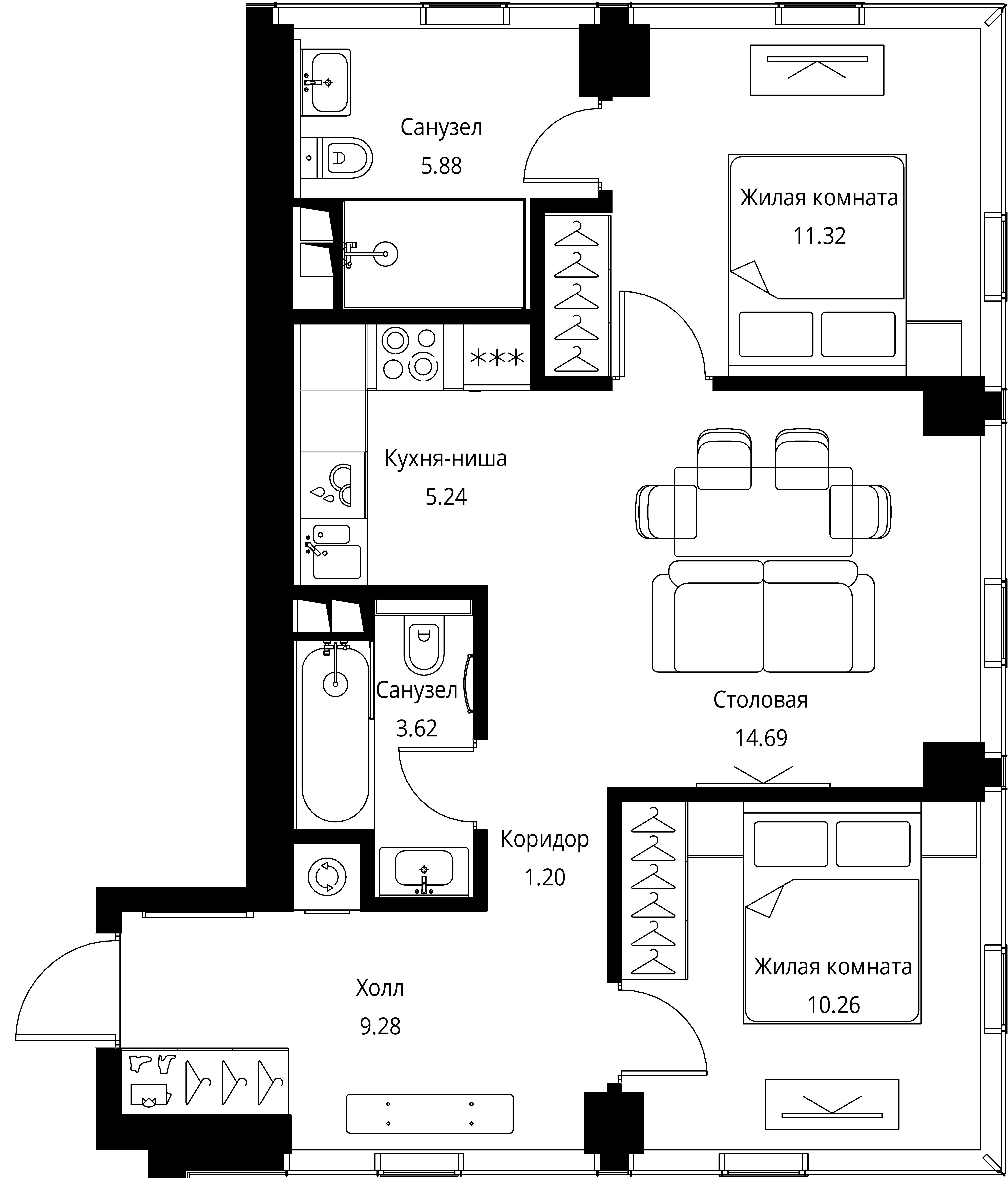 2-комнатная, 61,48 м² — 24 649 576 ₽