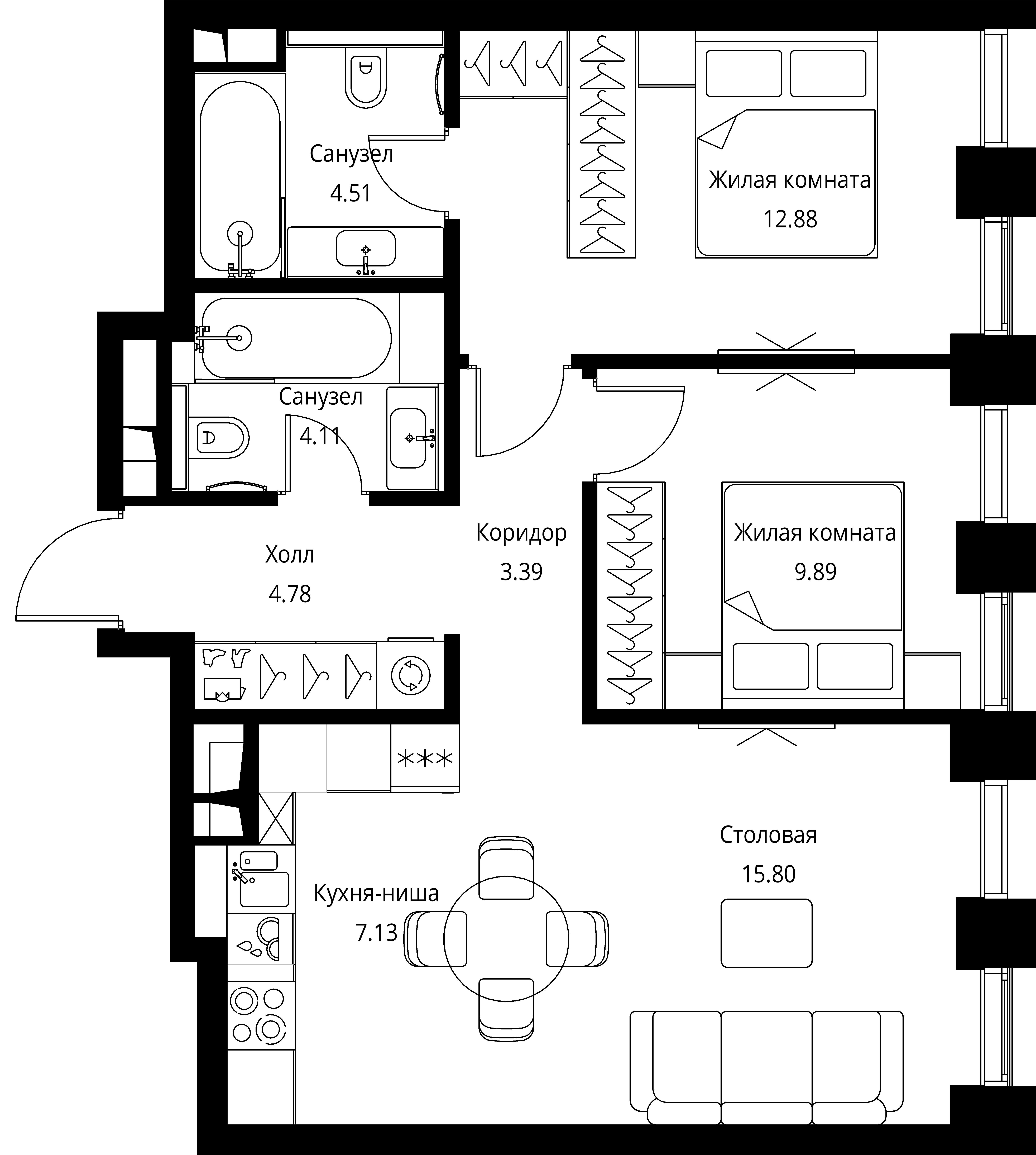 2-комнатная, 62,49 м² — 28 341 864 ₽