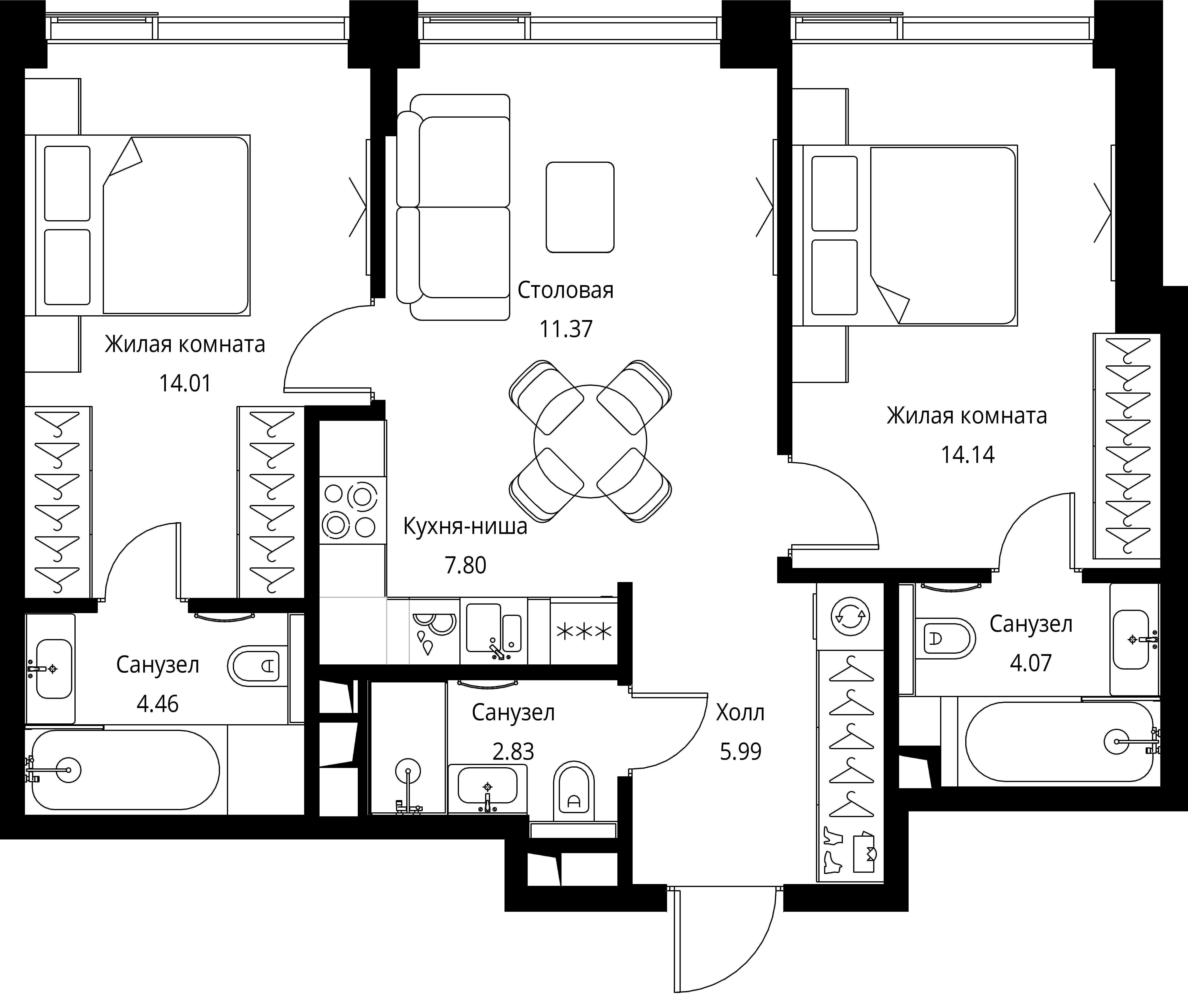 2-комнатная, 64,67 м² — 29 509 386 ₽