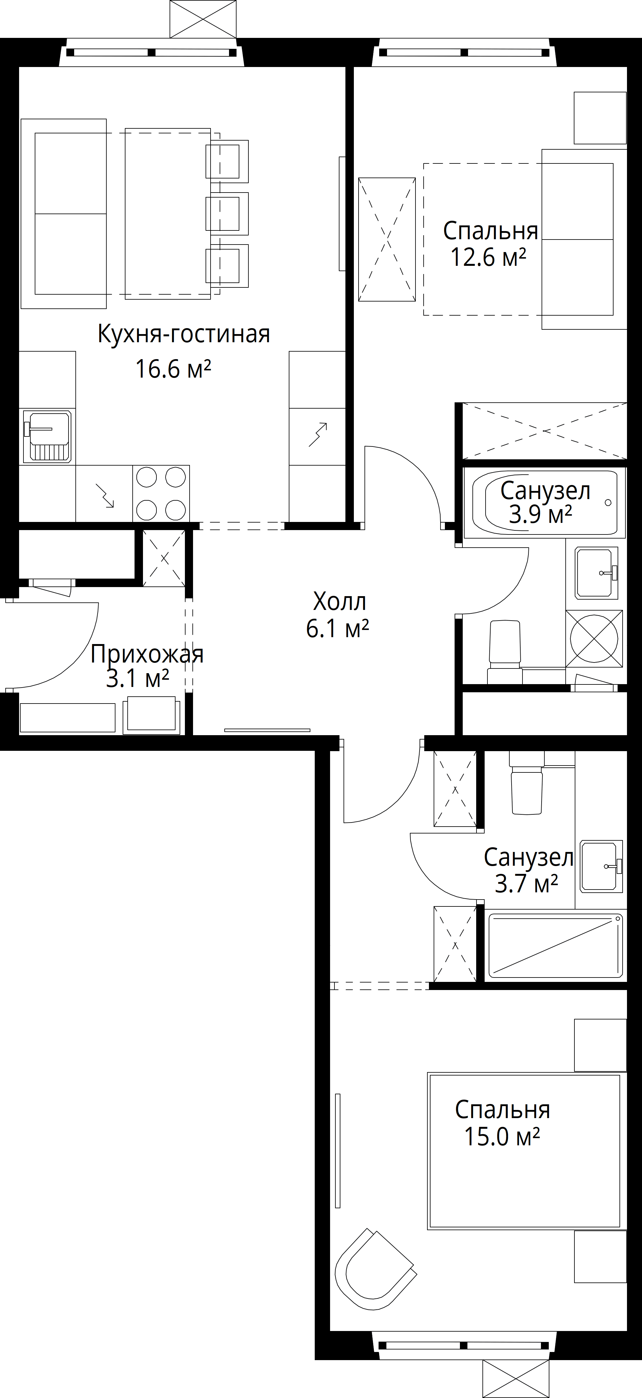 2-комнатная, 61 м² — 13 025 598 ₽