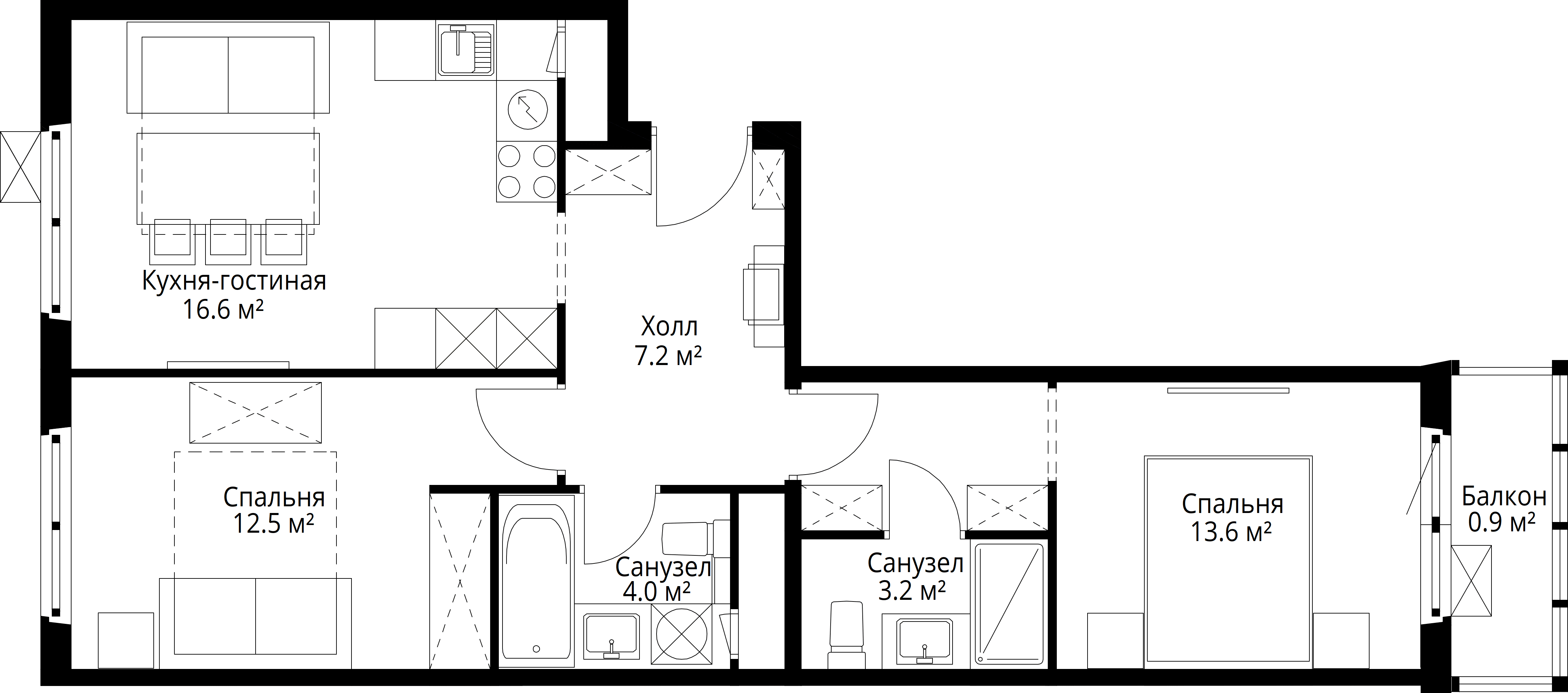 2-комнатная, 58 м² — 14 539 764 ₽