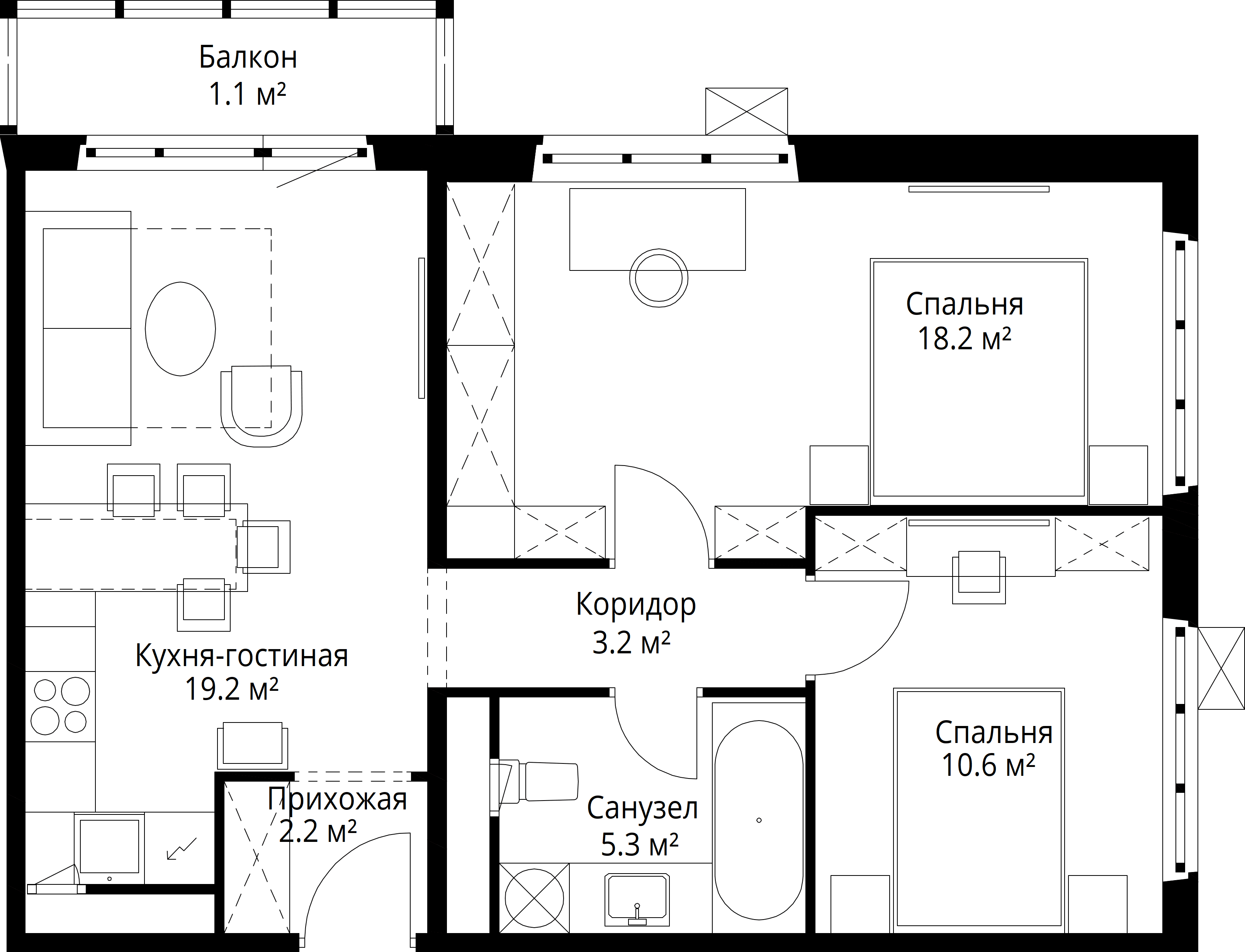 2-комнатная, 59,8 м² — 15 521 396 ₽