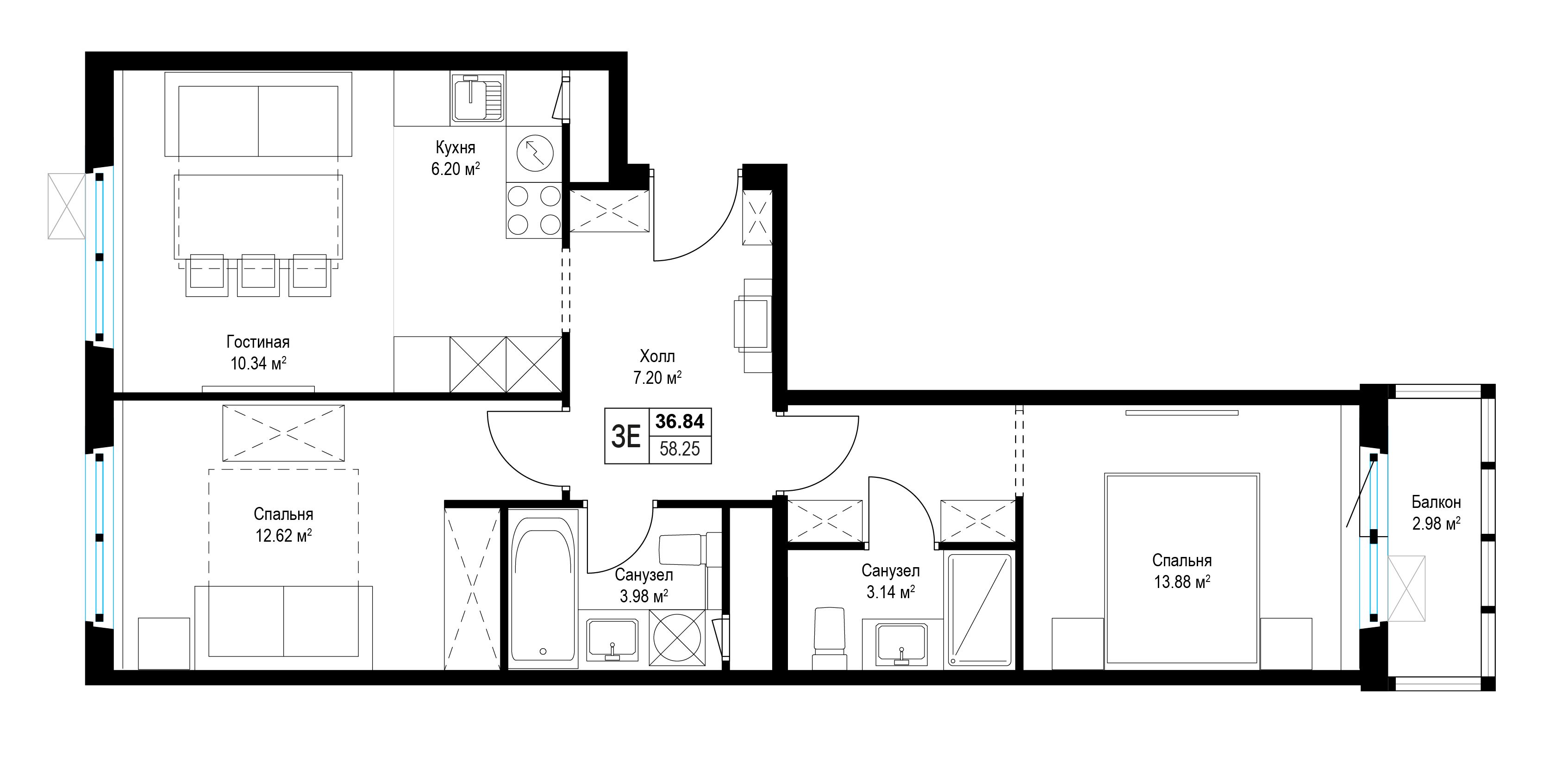 2-комнатная, 58 м² — 13 409 553 ₽