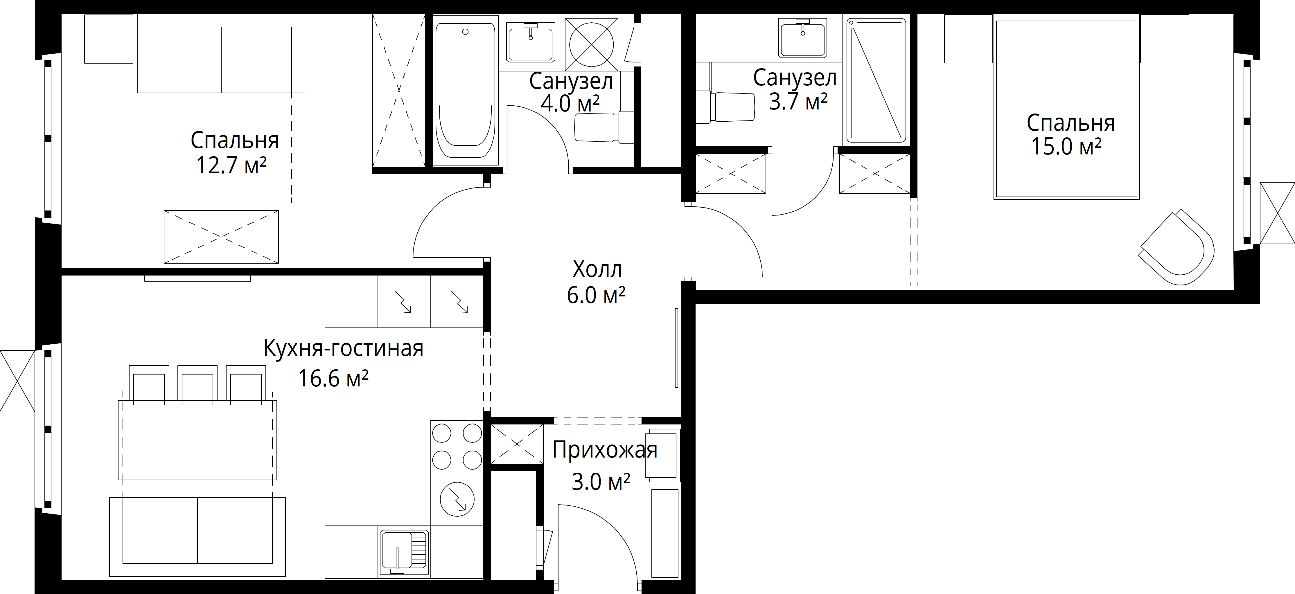 2-комнатная, 61 м² — 14 330 359 ₽
